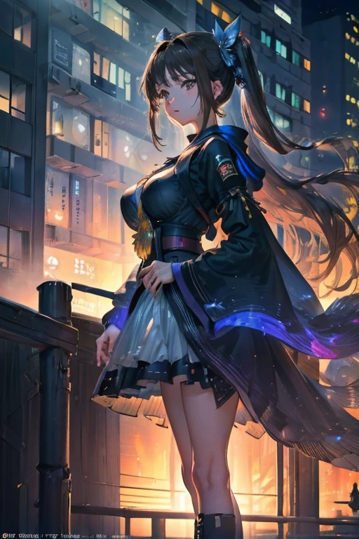 (Night:1.7), Cyberpunk_CityView,
(Standing:1.7) at attention,
Yellow and green shirt,Whiong_skirt,long sleeves, 
bare legs, 
brown_hair,brown_eyes,hair_ornament,hairclip,side ponytail, single braid, 
1 girl, 20yo,mature female,Beautiful Finger,Beautiful long legs,Beautiful body,Beautiful Nose,Beautiful character design, perfect eyes, perfect face,
looking at viewer, (innocent_big_eyes:1.0),(expressionless:1.3),
NSFW,official art,extremely detailed CG unity 8k wallpaper, perfect lighting,Colorful, Bright_Front_face_Lightinasterpiece:1.0),(best_quality:1.0), ultra high res,4K,ultra-detailed,
photography, 8K, HDR, highres, absurdres:1.2, Kodak portra 400, film grain, blurry background, bokeh:1.2, lens flare, (vibrant_color:1.2)
(Beautiful,large_Breasts:1.4), (beautiful_face:1.5),(narrow_waist),