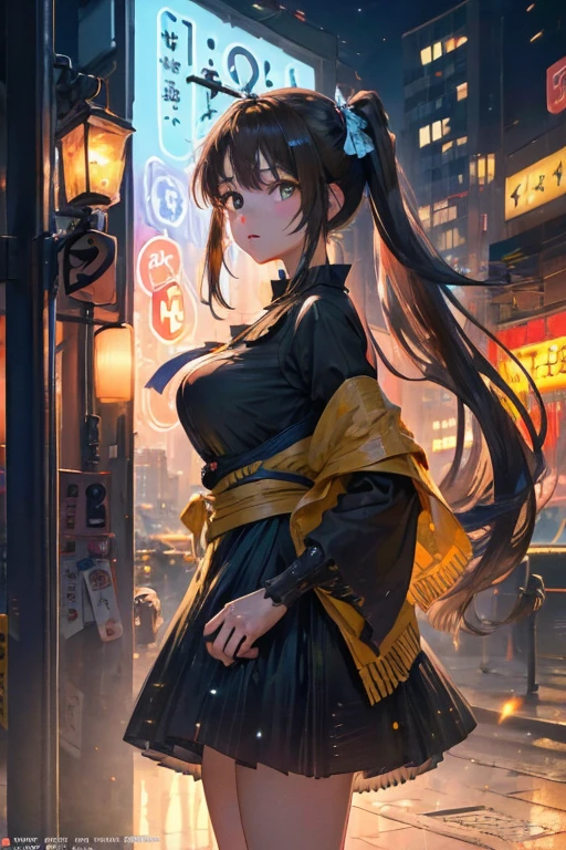 (Night:1.7), Cyberpunk_CityView,
(Standing:1.7) at attention,
Yellow and green shirt,Whiong_skirt,long sleeves, 
bare legs, 
brown_hair,brown_eyes,hair_ornament,hairclip,side ponytail, single braid, 
1 girl, 20yo,mature female,Beautiful Finger,Beautiful long legs,Beautiful body,Beautiful Nose,Beautiful character design, perfect eyes, perfect face,
looking at viewer, (innocent_big_eyes:1.0),(expressionless:1.3),
NSFW,official art,extremely detailed CG unity 8k wallpaper, perfect lighting,Colorful, Bright_Front_face_Lightinasterpiece:1.0),(best_quality:1.0), ultra high res,4K,ultra-detailed,
photography, 8K, HDR, highres, absurdres:1.2, Kodak portra 400, film grain, blurry background, bokeh:1.2, lens flare, (vibrant_color:1.2)
(Beautiful,large_Breasts:1.4), (beautiful_face:1.5),(narrow_waist),