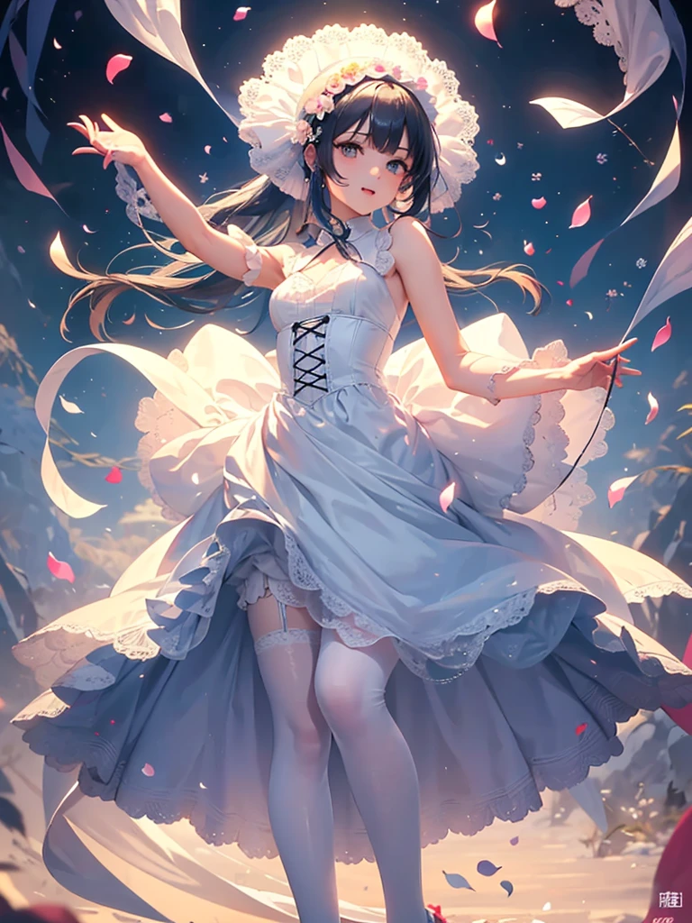 8k,Best quality at best,tmasterpiece,超高分辨率,(𝓡𝓸𝓶𝓪𝓷𝓽𝓲𝓬:1.4),A cute loli,one-girl,Wearing a Lolita suit,Hands wearing white silk gloves,Wears a white garland on his head,Wear white stockings on the legarefoot,Long hair,Long hair shawl,is dancing,Consistent with human anatomy,Cherry blossom petal,The petals flutter in the wind,