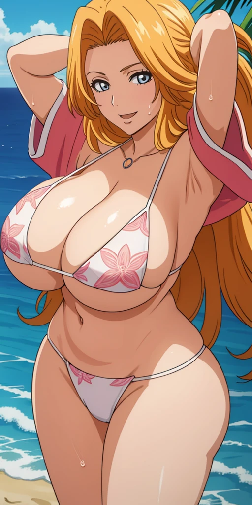 Matsumoto_rangiku, huge_breasts, 1chica, solamente, Afrodita, adornos para el cabello, flores en el cabello, pechos enormes, cuello, pulseras doradas, obra maestra, mejor calidad, colores vibrantes, NSFW, oversized gigantic breast, Mujer completamente madura, Cabello largo, happy face, in the beach, (Beautiful_cara:1.5), (estrecho_cintura) cinematic lighting, bust shot, extremely detailed CG unity 8k wallpaper, muscular, (gigantic breasts:1.0), big eyes, (curvy:0.8), caustics, (sunbeam:0.8), water up to the chest, oversized gigantic breast, BBW | Mujer completamente madura,{{{1girll}}}, {{{La mejor calidad}}}, {{{HDR, hiper HD, 8k }}}, {{Pintura ultrafina}}, {{{Obra maestra}}}, {{Ultra detallado}}, {{extreme detail description}}, (Pechos gigantescos de escote:1.5), smile, 1girl, solo, hair over shoulder, rangiku, blonde hair, blue eyes, Bangs, long hair, 1 girl, closed mouth, (innocent_big_eyes:1.0), Light_Smile, masterpiece, best quality, detailed face, detailed eyes, highres, bikini, naked bikini, beach, wet bikini, tight bikini, extremely detailed hands, wide hips, thick thighs, huge round fake breast, erotic smile face, shiny skin, open mouth, breasts squeezed together, white bikini, on the beach, laying down on stomach sunbathing, sunburned ass, full body, bikini pink flower print,