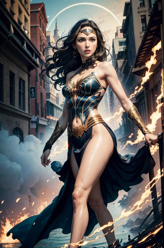 Gal Gadot、Sticking out the navel、newyork、She wears a torn Spider-Man suit,wearing skirt、abstract photorealistic、artistic、Alphonse Mucha's painting(masterpiece、top-quality、hight resolution:1.4)、detaileds、複雑なdetaileds、4K、color splashes、line-drawing、Fibonacci、