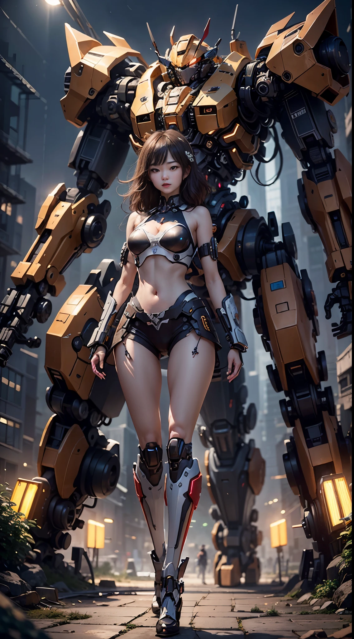 Milin famous minister, aberdeath:1.16) deactivated, Balanced visual quality details:1.2),actual,8K high-definition,ultra - detailed,High quality texture,Complicated details,Meticulous纹理, Meticulous, high detal, 极其Meticulous高品质纹理cg, High quality shadow work, Best quality at best)), illustratio, Ultra-detailed 8K, actual, Clear focus, The is very detailed, profesional lighting, Colorful details, Rainbow REAK factory super long lens, Large mechanical robot structure, micro Chip, Computer, with light glowing, Complicated details, shitu-mecha, 1 girl standing in front of the audience, navel