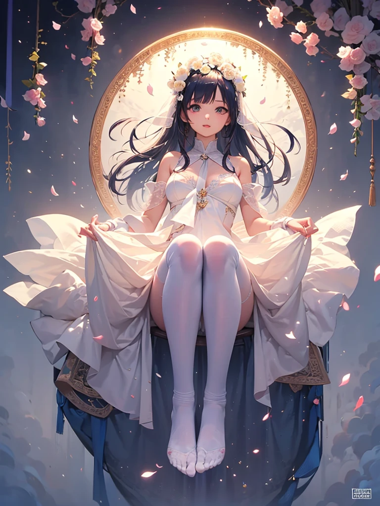 8k,Best quality at best,tmasterpiece,超高分辨率,(𝓡𝓸𝓶𝓪𝓷𝓽𝓲𝓬:1.4),A cute ,one-girl,Wearing a Loliuit,Hands wearing white silk gloves,Wears a white garland on his head,Wear white stockings on the legarefoot,Long hair,Long hair shawl,Doing yoga,Yoga moves,Consistent with human anatomy,Cherry blossom petal,The petals flutter in the wind,
