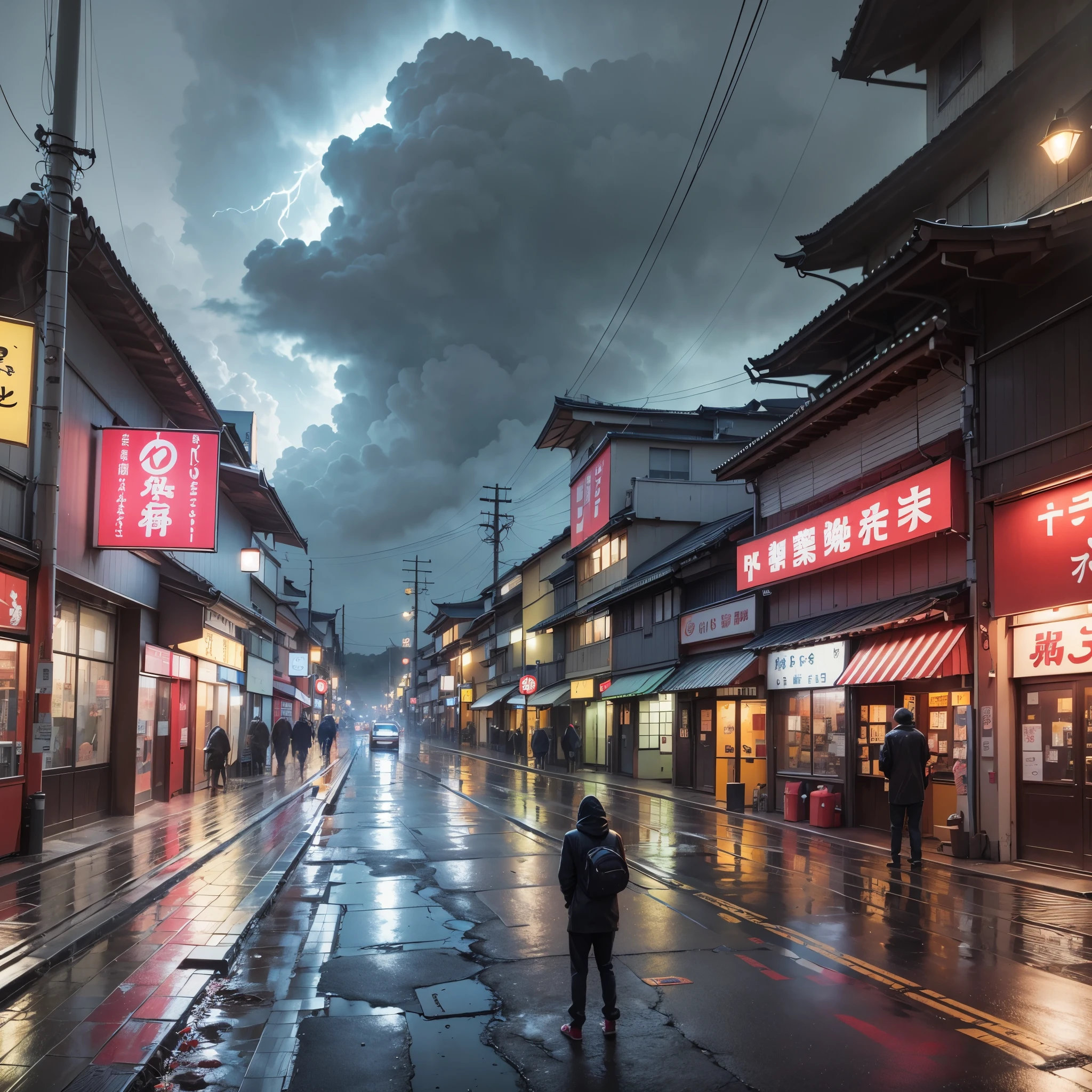 Man alone in heavy rain and thunderstorm in Japan road --auto --s2