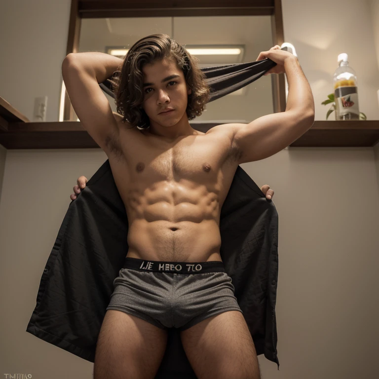 adolescente de 16 anoelo cortado estilo americano, cabelo loiro meio castanho, tem pelos nas axilas, tem pelos nas pernas, menino de 16 barriga ta e fortinho, Is shirtless, he is wearing underwear and short shorts
