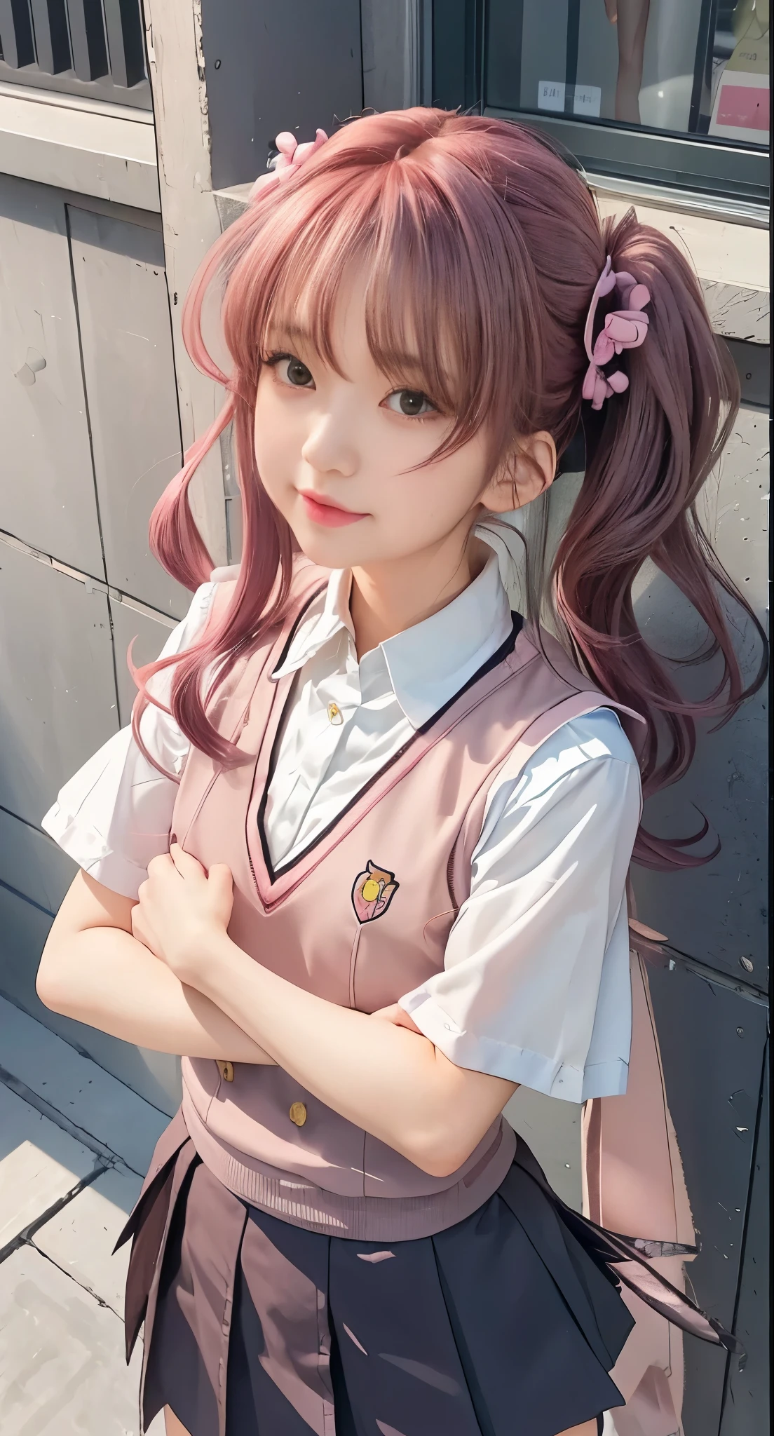 anime girl with long hair and school uniform standing in front of a wall, anime moe artstyle, marin kitagawa fanart, kantai collection style, anime visual of a cute girl, 🤤 girl portrait, portrait anime girl, kawaii realistic portrait, [[[[grinning evily]]]], waist up portrait, portrait of an anime girl, official artwork，shirai kuroko，Long hair with double ponytail，Pink Long hair with double ponytail，A pink-haired，JK school uniform，shirai kuroko，Long hair with double ponytail，Pink Long hair with double ponytail，A pink-haired，JK school uniform
