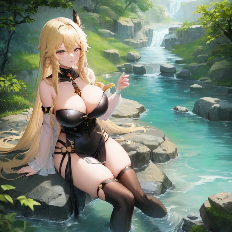A woman with long blonde hair and a black top is sitting on a rock, anime goddess, Very Beautiful Anime Cat Girl, beautiful anime catgirl, Top Rated on pixiv, Trending on ArtStation pixiv, Rin, attractive cat girl, guweiz on pixiv artstation, Seductive Anime Girl, Genshin, beautiful alluRing anime woman