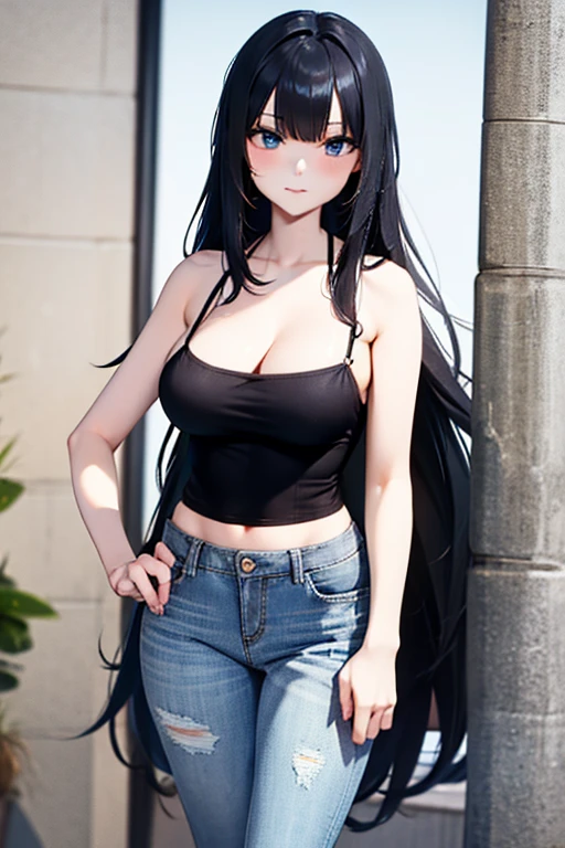 Black hair, large breasts, sexy, spaghetti strap top, jeans