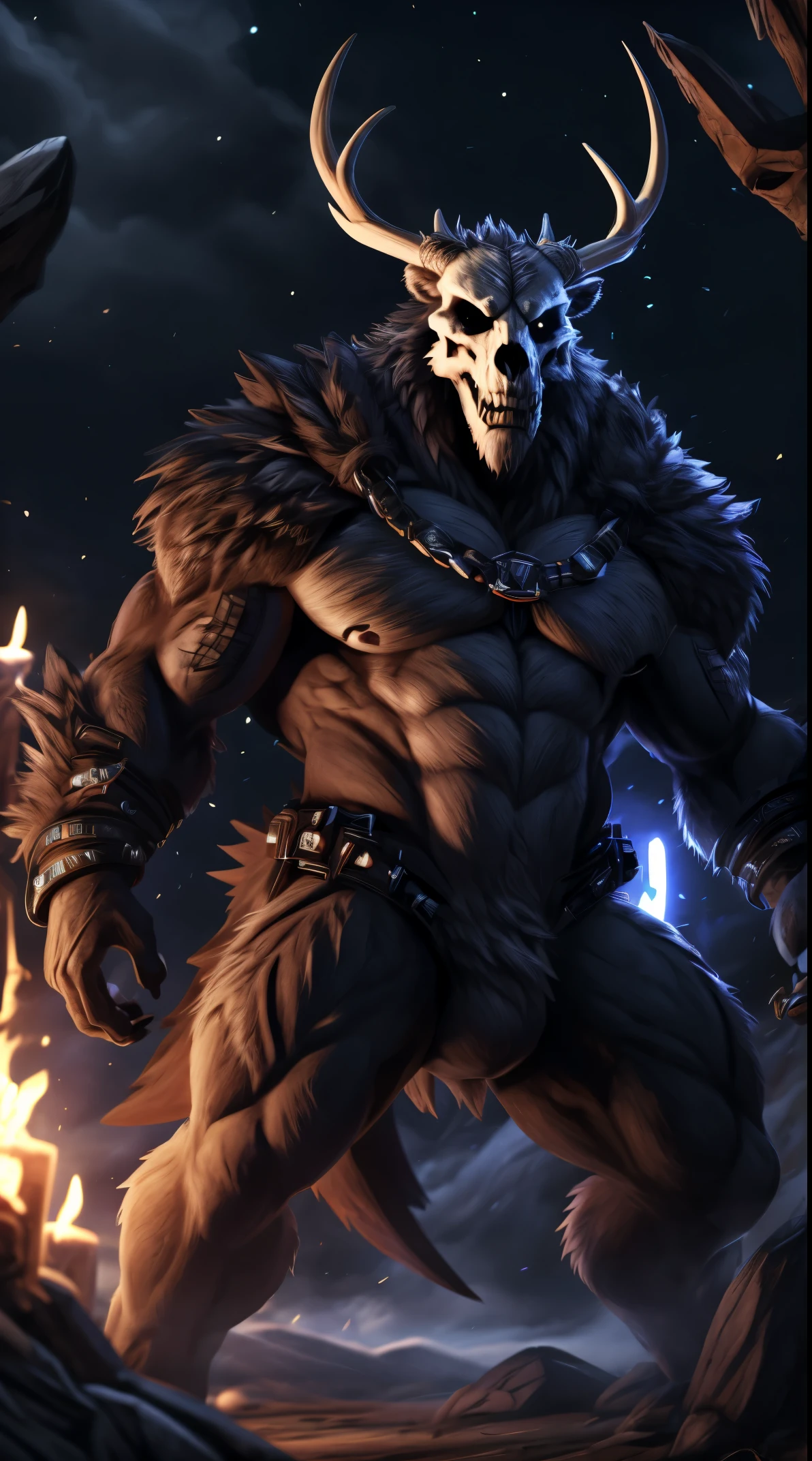 monster, fur on body, scales on belly, majestic fur mantle, wendigo skull, elk horns, giant, bear body, threatening, stands menacingly, wide body, illustration, (best quality, 4k, highres, masterpiece:1.2), ultra-detailed, realistic, horror, sharp focus, vivid colors, nighttime lighting,