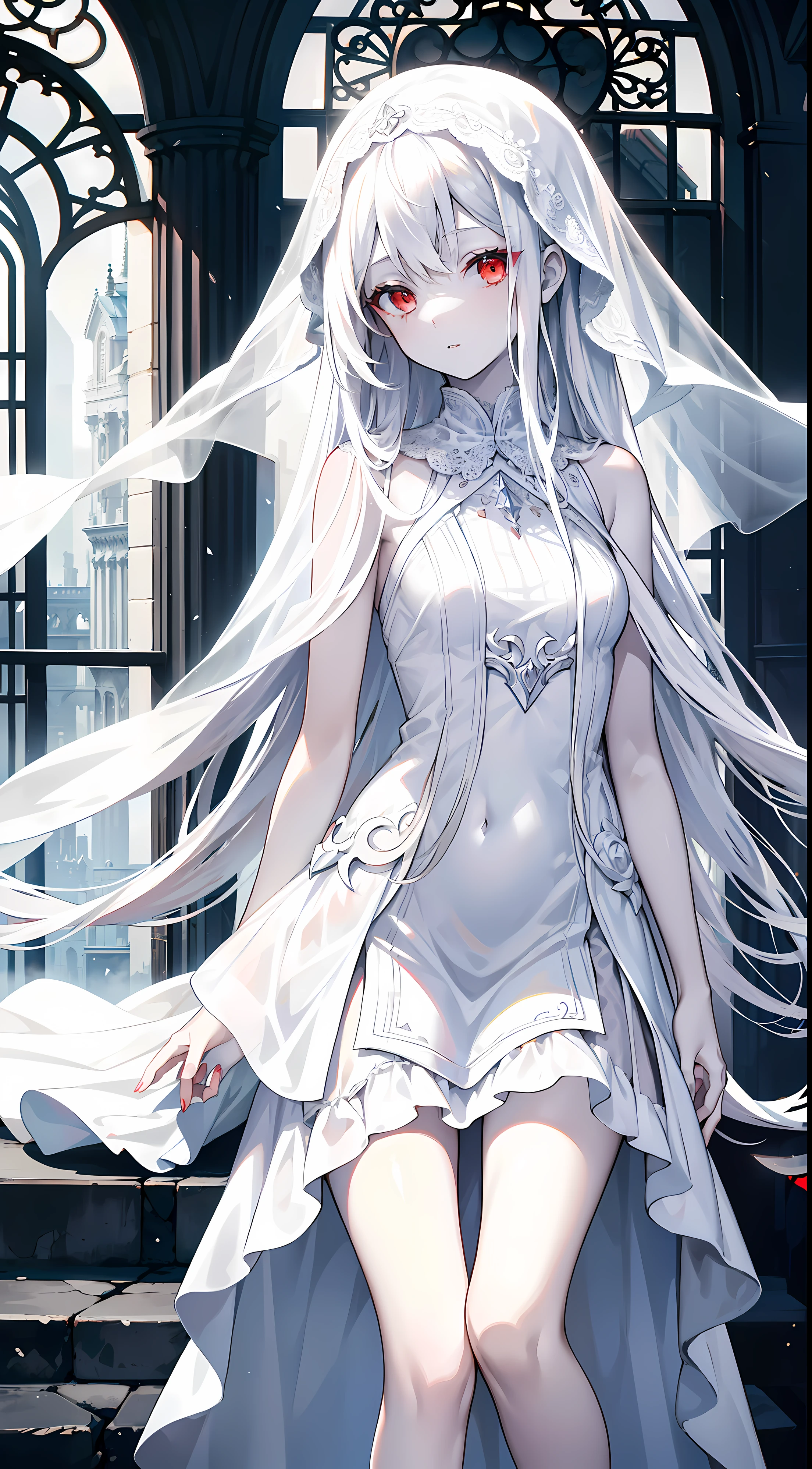 Young girl, long white hair, sloppy hair, red eyes, pale skin, white open dress, translucent dress, veil, masterpiece, high quality