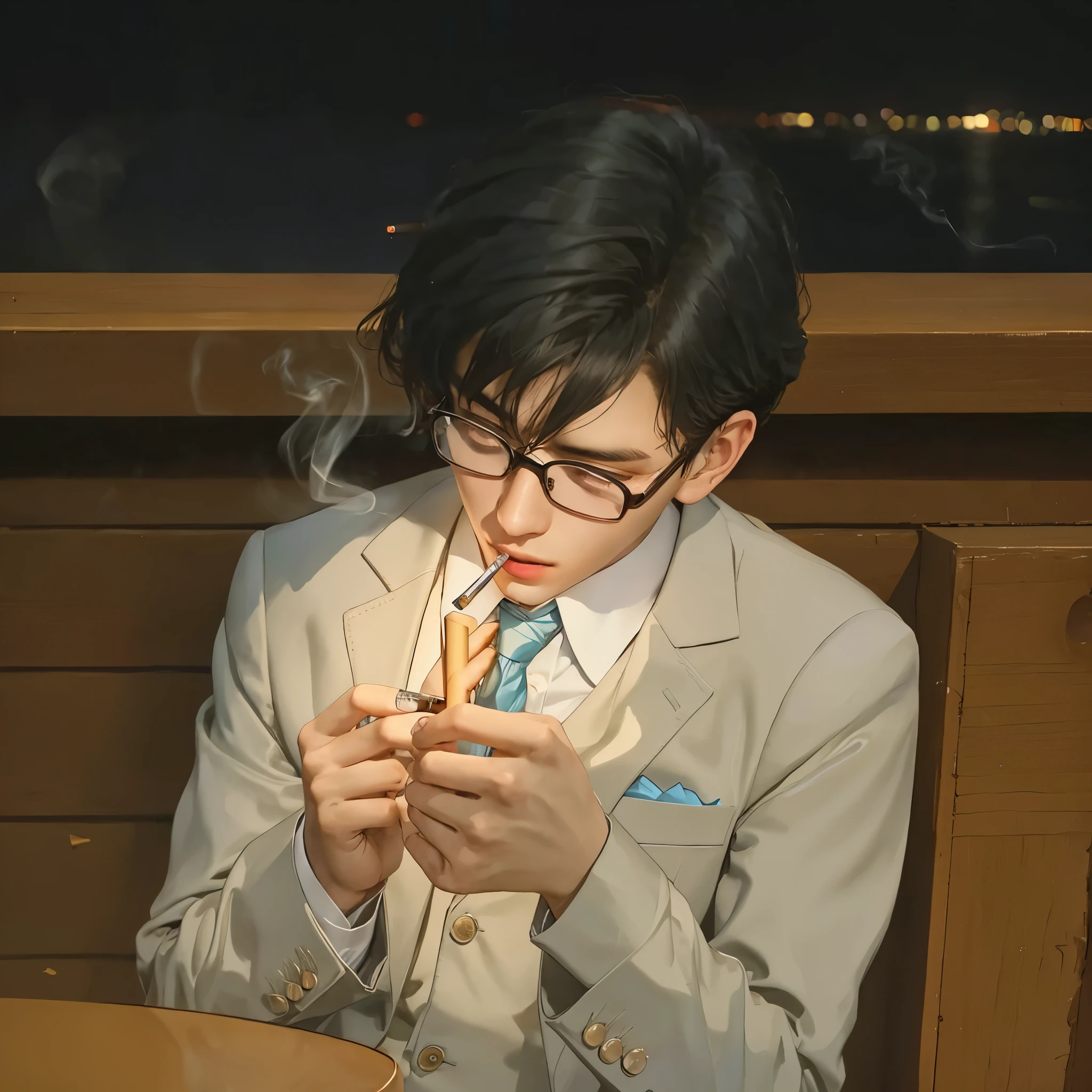 Young man in a suit and tie lighting his cigarette, 20 years old men smoking a cigarette, gibli realistic, handsome young man lighting his cigarette, smoking, gentlemen, perfect face, perfect head, perfect hands, perfect fingers, wearing glasses, ((firing his cigarette))