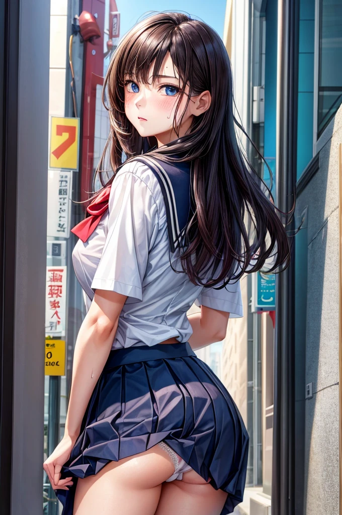 (hyper realisitic), (8K), (Extremely detailed), (Best Illustration), Beautiful detailed eyes, (Best Quality), (Ultra-detailed), (masutepiece), 1girl, Anime Beautiful Girl, Beautiful anime, Beautiful animeの少女, an anime girl, hightquality, 魅力的なan anime girl, 可愛いan anime girl, realistic cute girl painting, Anime style. 8K, ((in 8K)), ((Raw photo)), ((best qualtiy)), High-definition raw color photos, professional photograpy, (Realistic:1.37), (photographrealistic:1.37), ((best qualtiy)), 18year old女, (finerly detailed face:1.2), (best qualtiy:1.2), Retrospective shot of the rear loam, low angles, from behind, Cinematic lighting, Perfect Style, Beautiful face, acurate, Anatomically correct, Highly detailed face and skin texture, (Skirt lift:1.4), Loose, wrinkled white lace panties, red blush、humiliated、impatience、dismay、embarrassed from、Stockings、18year old、Neat and clean woman、1 persons、 (High School Girl Uniform Details:1.5),full of sweat、Long brown-black hair、Blue eyes、(huge tit),