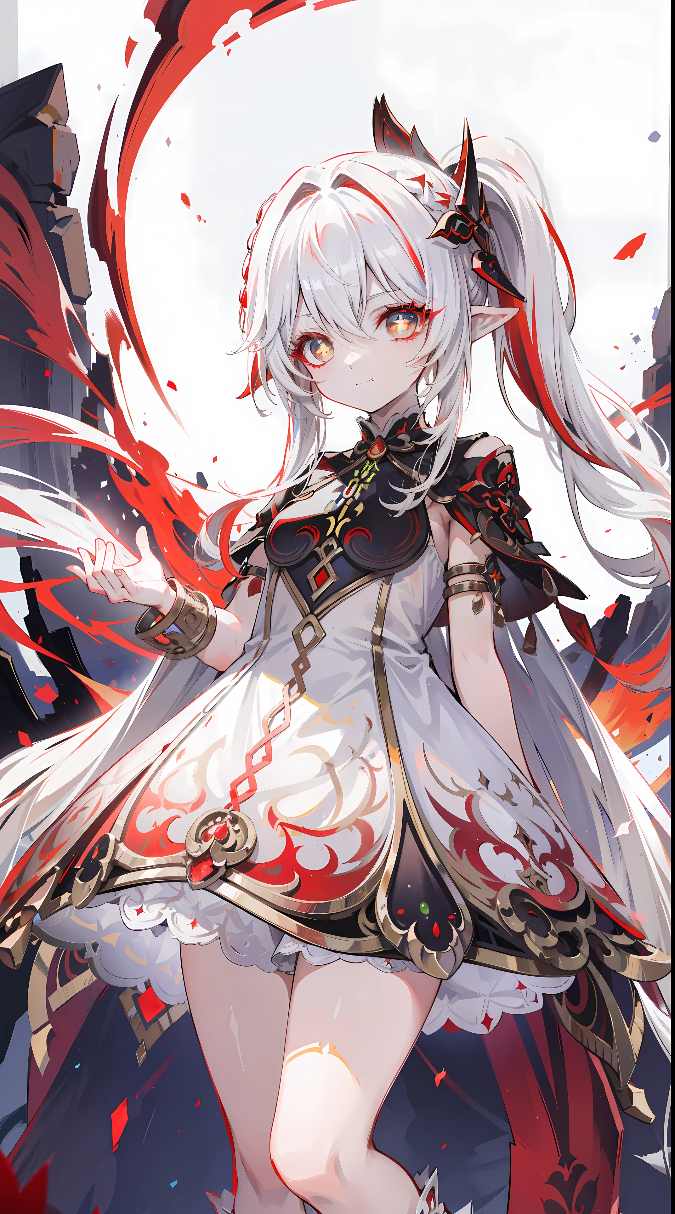 Nahida_genshin impact,(White and red gradient hair),Cross pupil,default_a skirt,bloods red cloak,simplebackground，bloods Moon，The breath of death，Cold and powerful divinity，There is a sense of majesty,starrysky，demonic smile，Blue tones，Red decorative pattern，Red style，bloods