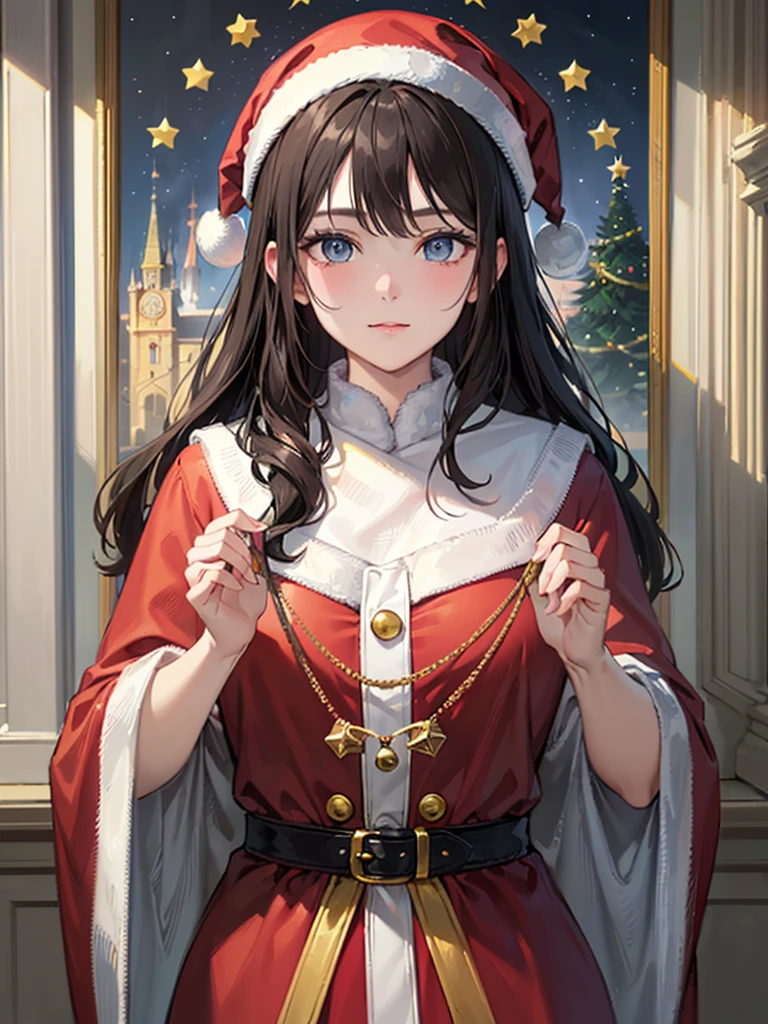 The theme is black、Clothes are black、Perfect human body、christmas night、(((He wore a Santa suit decorated with lots of frills.、victorian santa outfit)))、a beautiful woman、dancing in the snowy city、long  skirt、hair adornments、kirakira、tights、Crowds