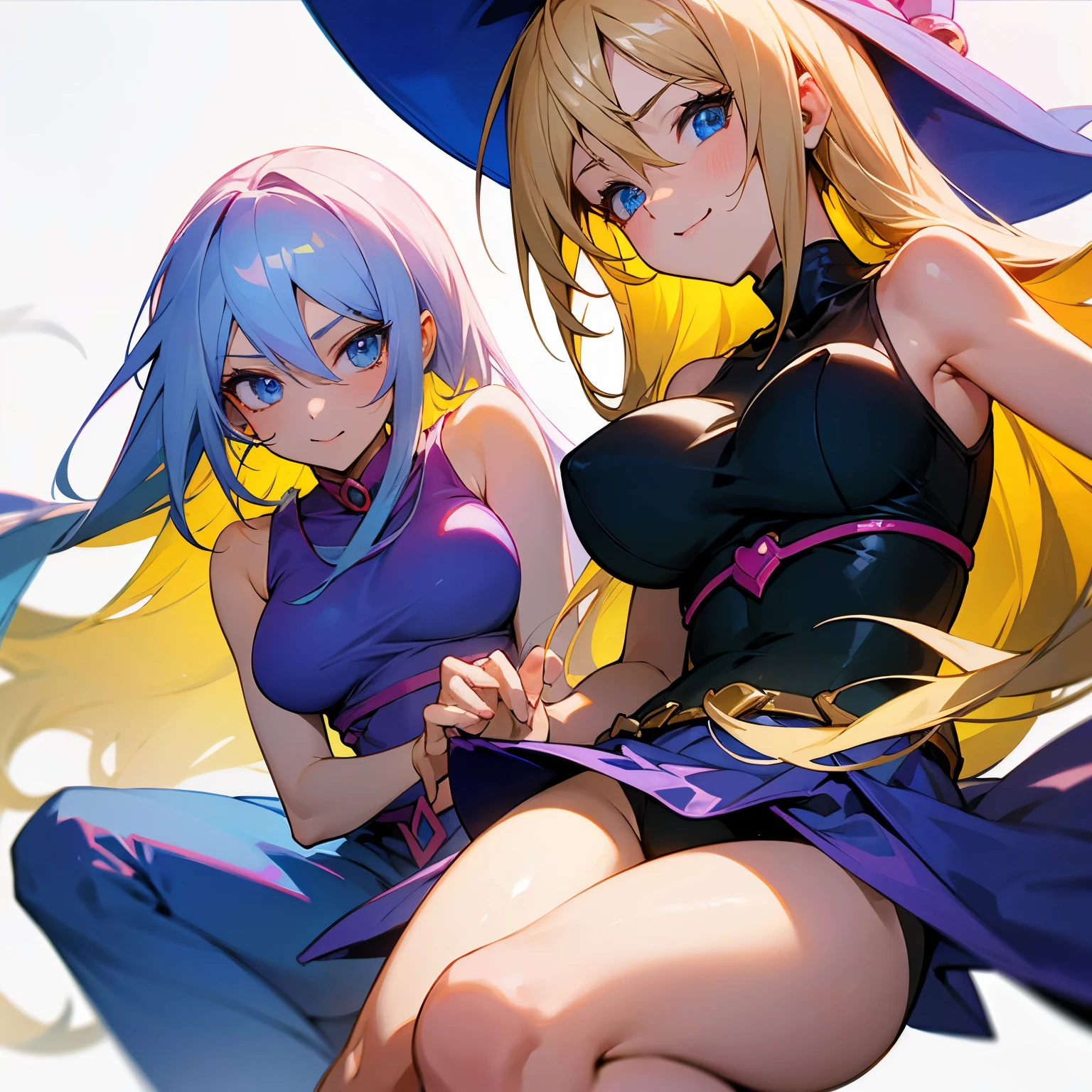 mazaki anzu,dark magician girl,2girls,alternate chest size,aqua shirt,armor,armpit crease,bare shoulders,blonde hair,blue dress,blue footwear,blue headwear,blue shorts,blunt ends,blurry,blurry background,blush stickers,boots,chests,cleavage,closed mouth,collared shirt,depth of field,dress,duel disk,duel monster,full body,gluteal fold,green eyes,grey eyes,hair between eyes,hand up,hat,high heels,holding,huge chests,impossible clothes,legs,long hair,magical girl,medium hair,micro shorts,midriff,multiple girls,off-shoulder dress,off shoulder,pink dress,playing games,revealing clothes,sandals,shadow,shiny skin,shirt,short dress,shorts,sidelocks,single hair intake,skindentation,sleeveless,sleeveless shirt,standing,thighhighs,thighs,toes,white thighhighs,wide hips,wizard hat