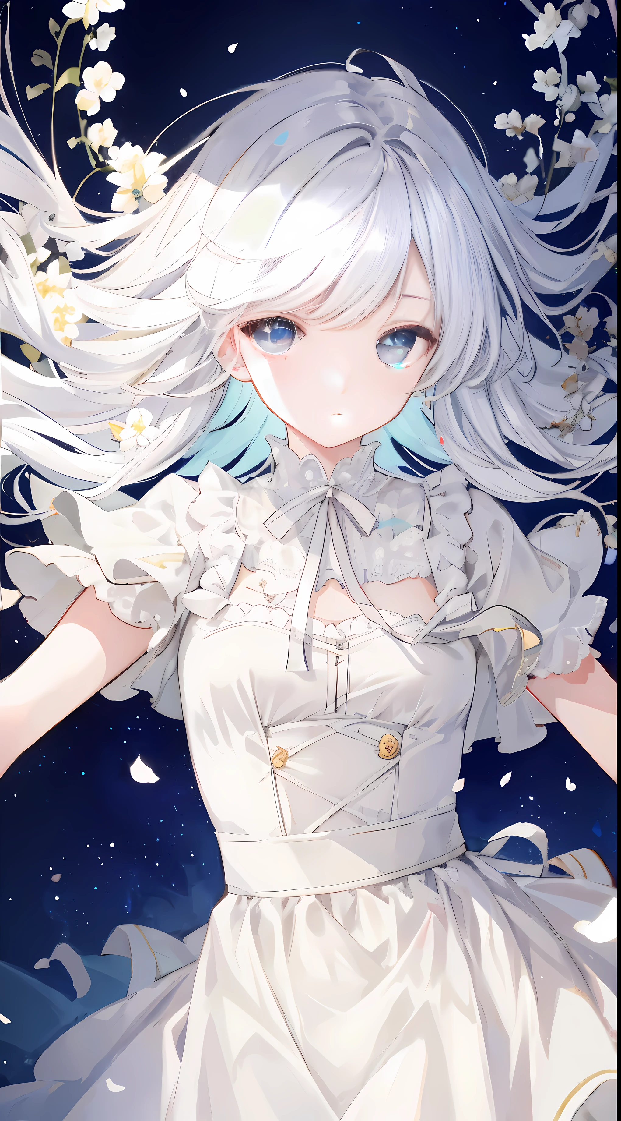 Extremely delicate and beautiful CG illustration,Best quality,Lots of resolution,dynamic angle,full length shoot,(1个Giant Breast Girl),eyes and straight white hair,afloat,the soft light,high key lighting)