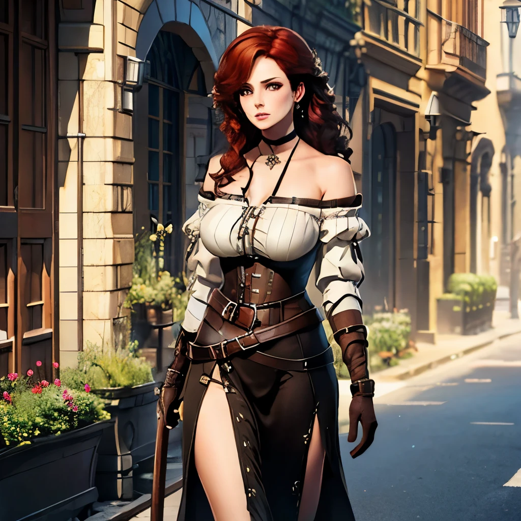 Woman looks to the side(strides forward)((big breasts, crisp behind)), curly red hair.((shoulder length)), brown shoulder bag, seductive white blouse, long leather skirt (brown)((slit at the side)), walking stick in hand, black crow on shoulder, role-playing character,