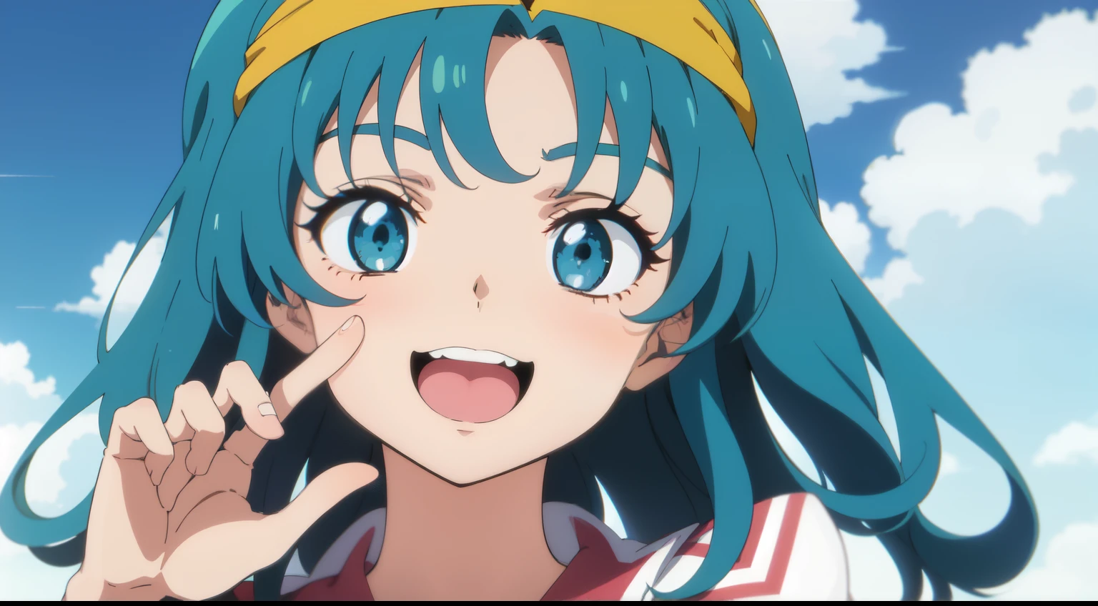 Uma garota com cabelo vermelho, olhos brilhantes igual de anime, 80s retro anime, hand on happy face, Anime Garota do Futuro, Anime 2D.