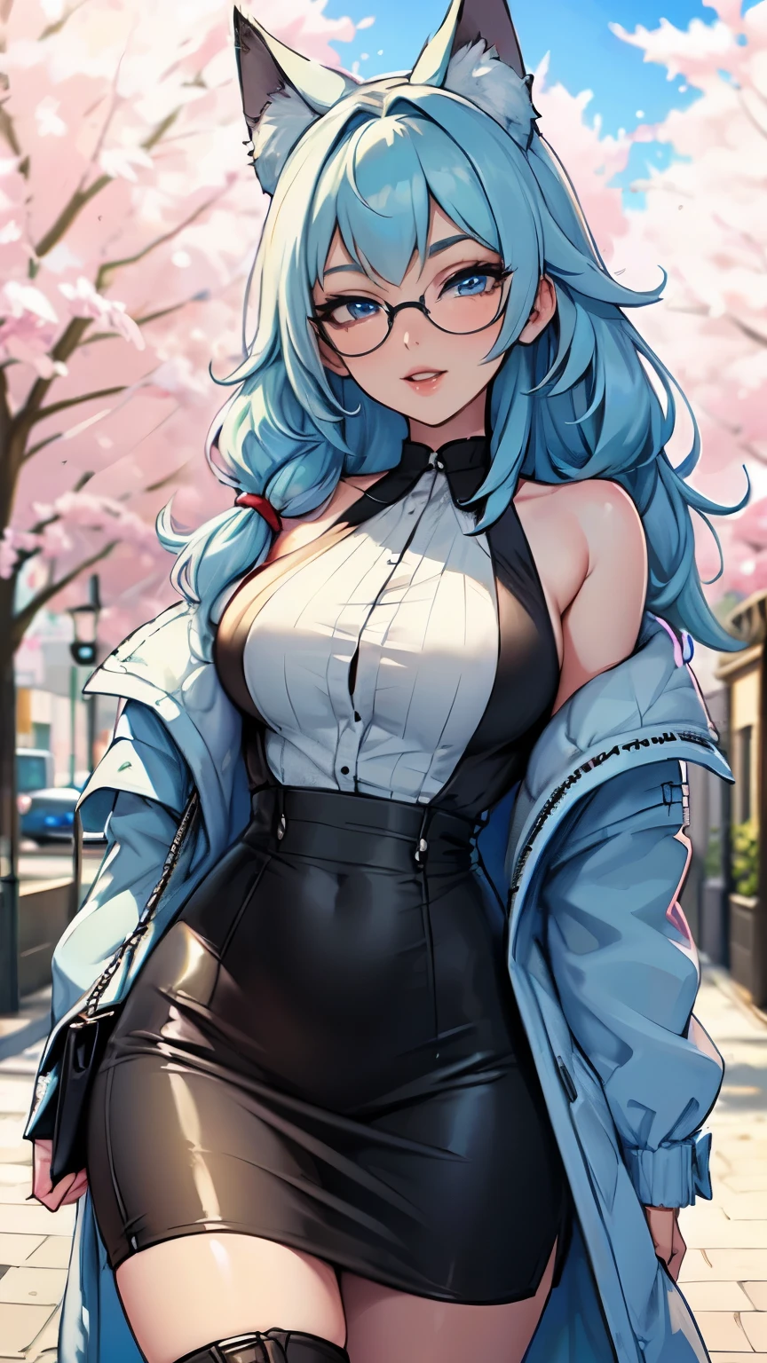 Masterpiece, beautiful art, professional artist, 8k, art style by sciamano240, very detailed face, detailed hair, detailed clothes, detailed fabric, 2girls, perfectly drawn body, beautiful face, long hair, light blue hair , very detailed blue cat eyes, wide smile, wearing trendy spring clothes , coat, black thigh boots, black pencil skirt, glasses, pouty lips , rosey cheeks, sunny spring setting, , show details in eyes, upclose view, looking at viewer, on a date walking, purse on shoulder,