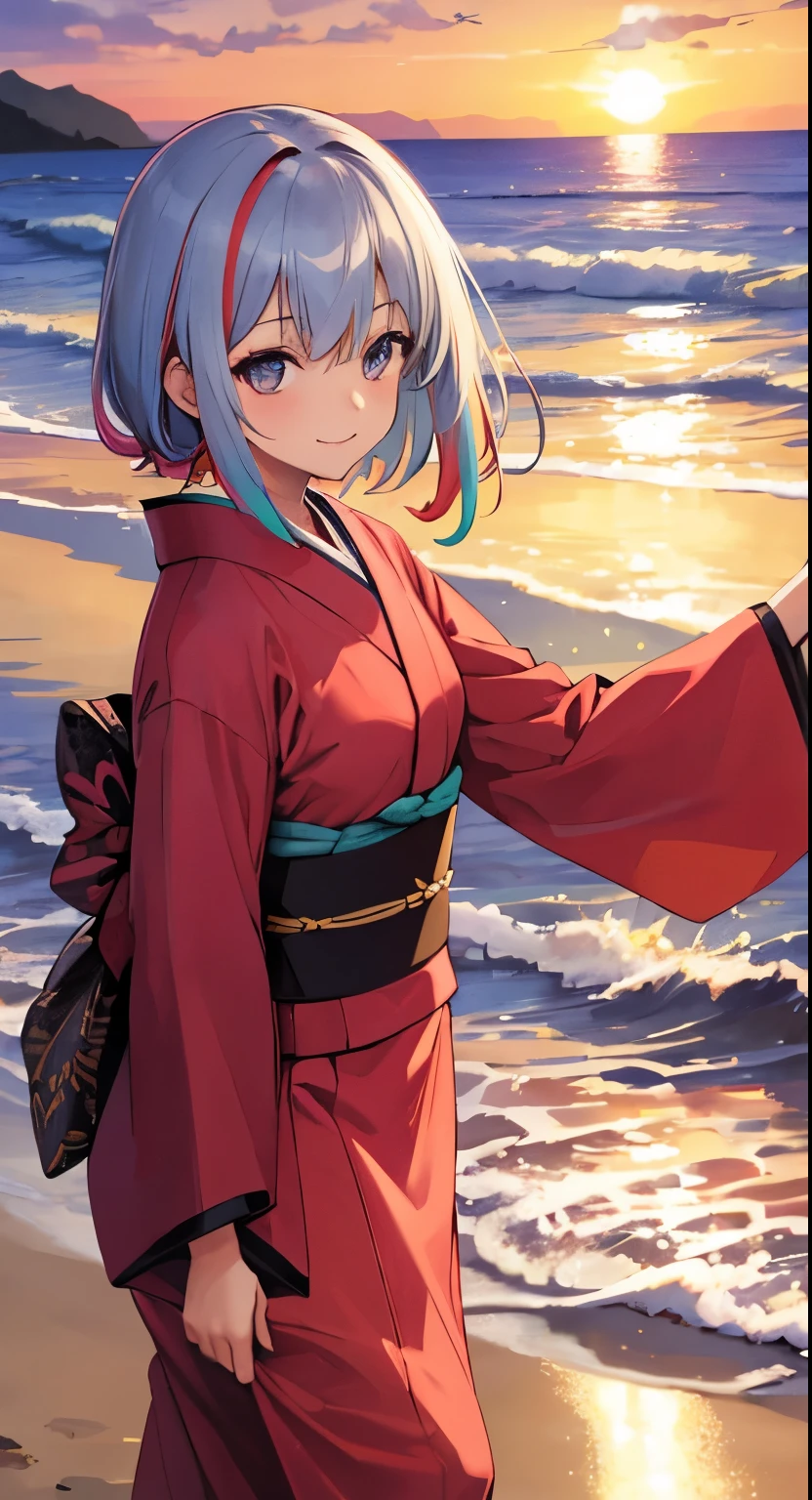 1girl, solo, kimono, bangs,happy,posing, multicolored hair, beach background, (masterpiece:1.2), highres, best quality, 8k, sunset beach background
