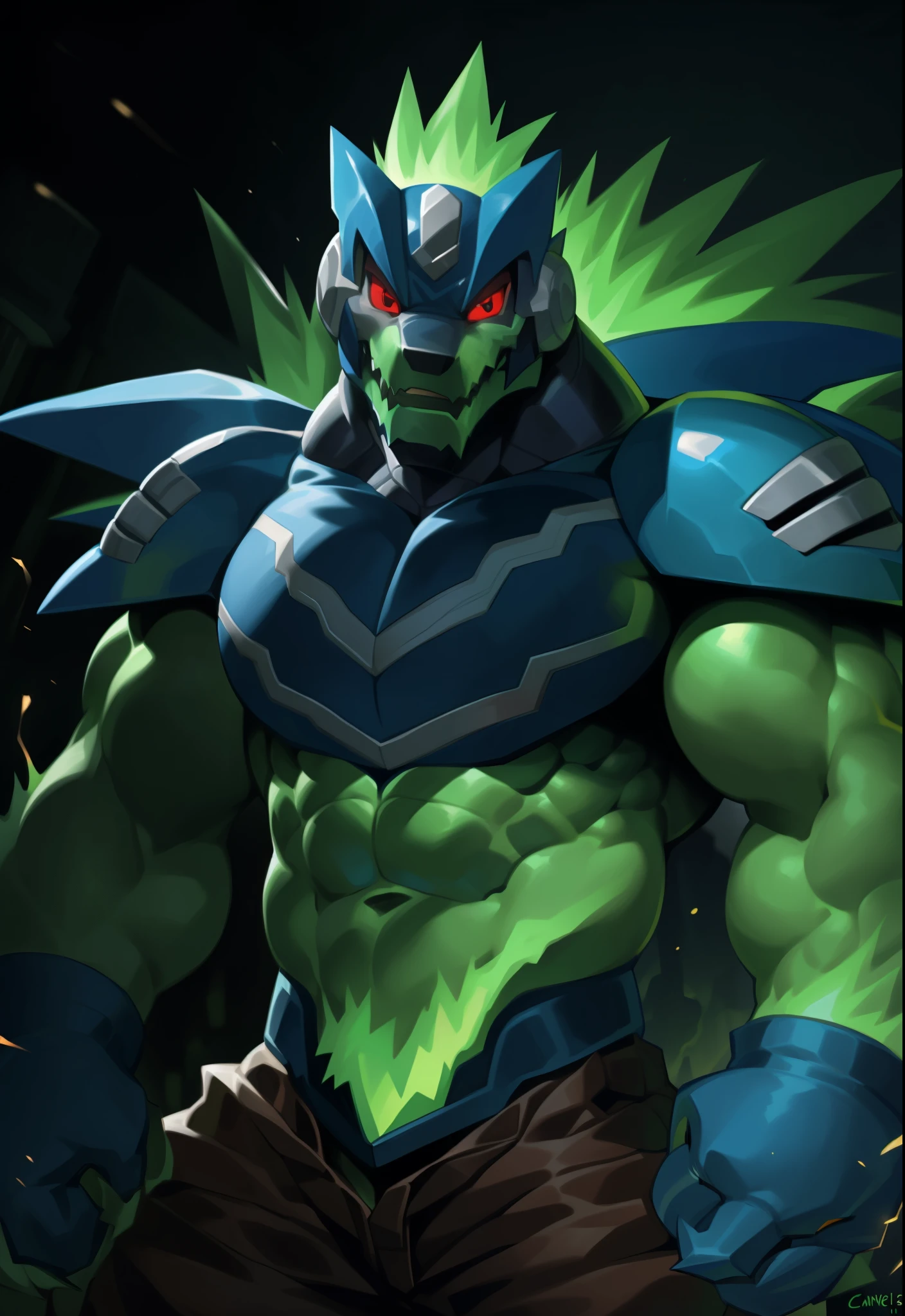 omega-xis, armor, mega man (series), male, muscular, red eyes, muscular anthro, hi res, abs, muscular male, green body, glowing body, glowing, energy, green hair, helmet, looking at viewer, hi res, pants, detailed background, lighting, photorealistic, 8k hd, extreme detail, (dark shadows, wide dynamic range, hdr, low light:1.2), by canyne khai,by milkytiger1145,by takemoto arashi,by null-ghost, elemental creature, electricity, bust portrait