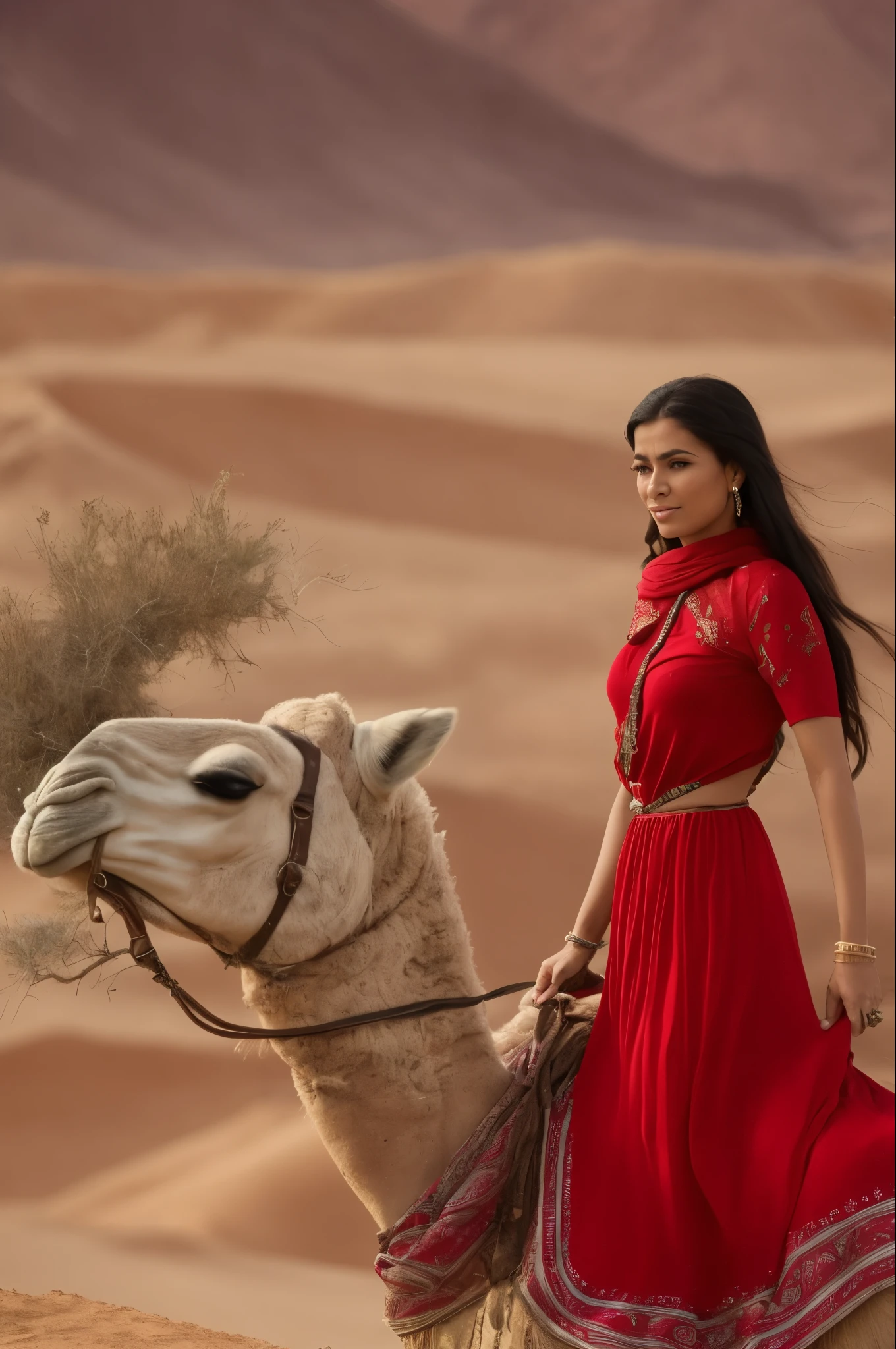 A beautiful woman wearing a red dress rides a camel in the desert --auto --s2