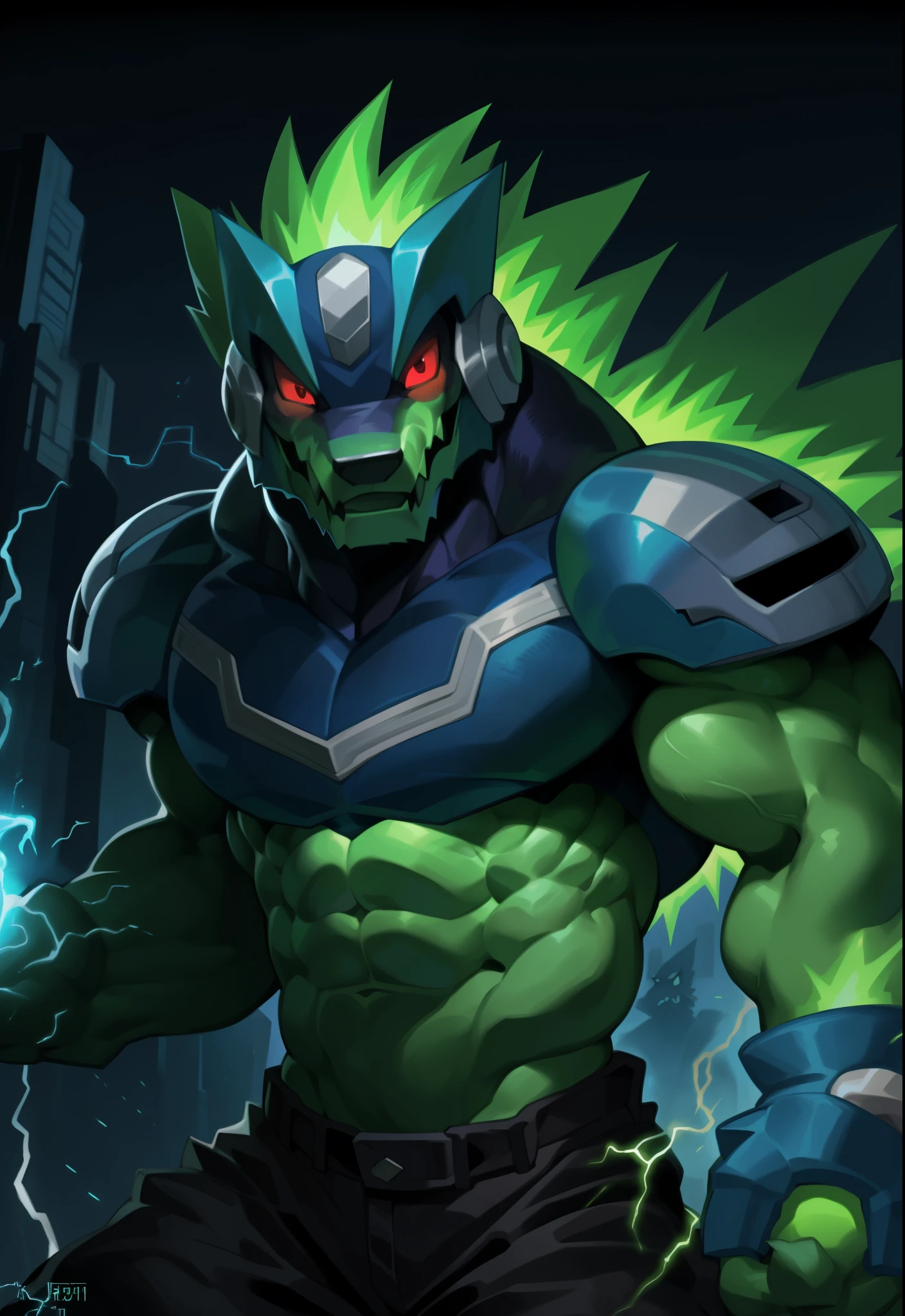 omega-xis, armor, mega man (series), male, muscular, red eyes, muscular anthro, hi res, abs, muscular male, green body, glowing body, glowing, energy, green hair, helmet, looking at viewer, hi res, pants, detailed background, lighting, photorealistic, 8k hd, extreme detail, (dark shadows, wide dynamic range, hdr, low light:1.2), by canyne khai,by milkytiger1145,by takemoto arashi,by null-ghost, elemental creature, electricity, bust portrait