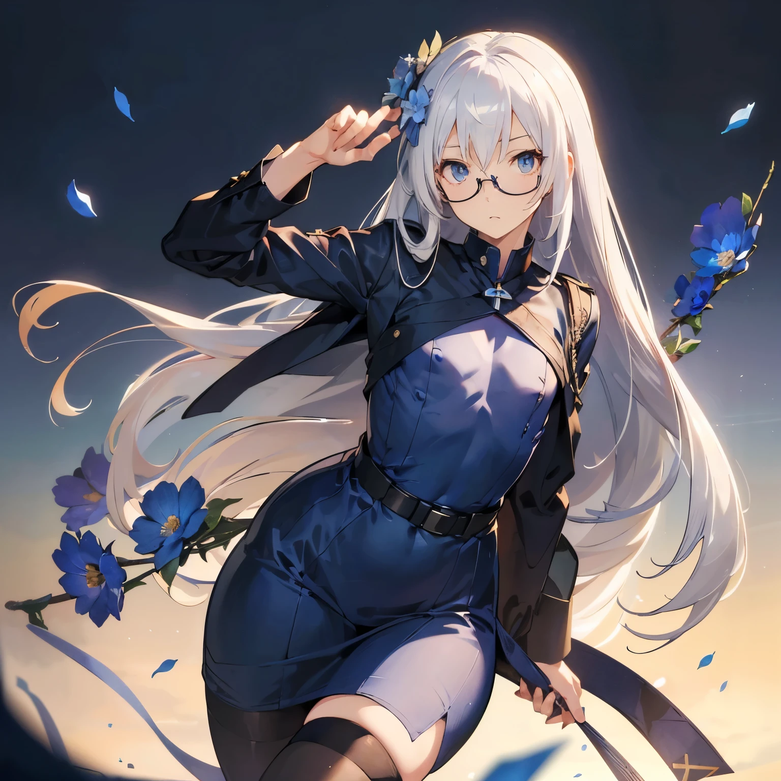 masutepiece,Best Quality,((((Longhaire)))),military outfits,(age 24),((((Smaller chest)))),(((1 blue flower hair ornament))),(Sober glasses),Solo,((White hair)),Blue Pupils,((very slender figure)),(slightly plump thighs)