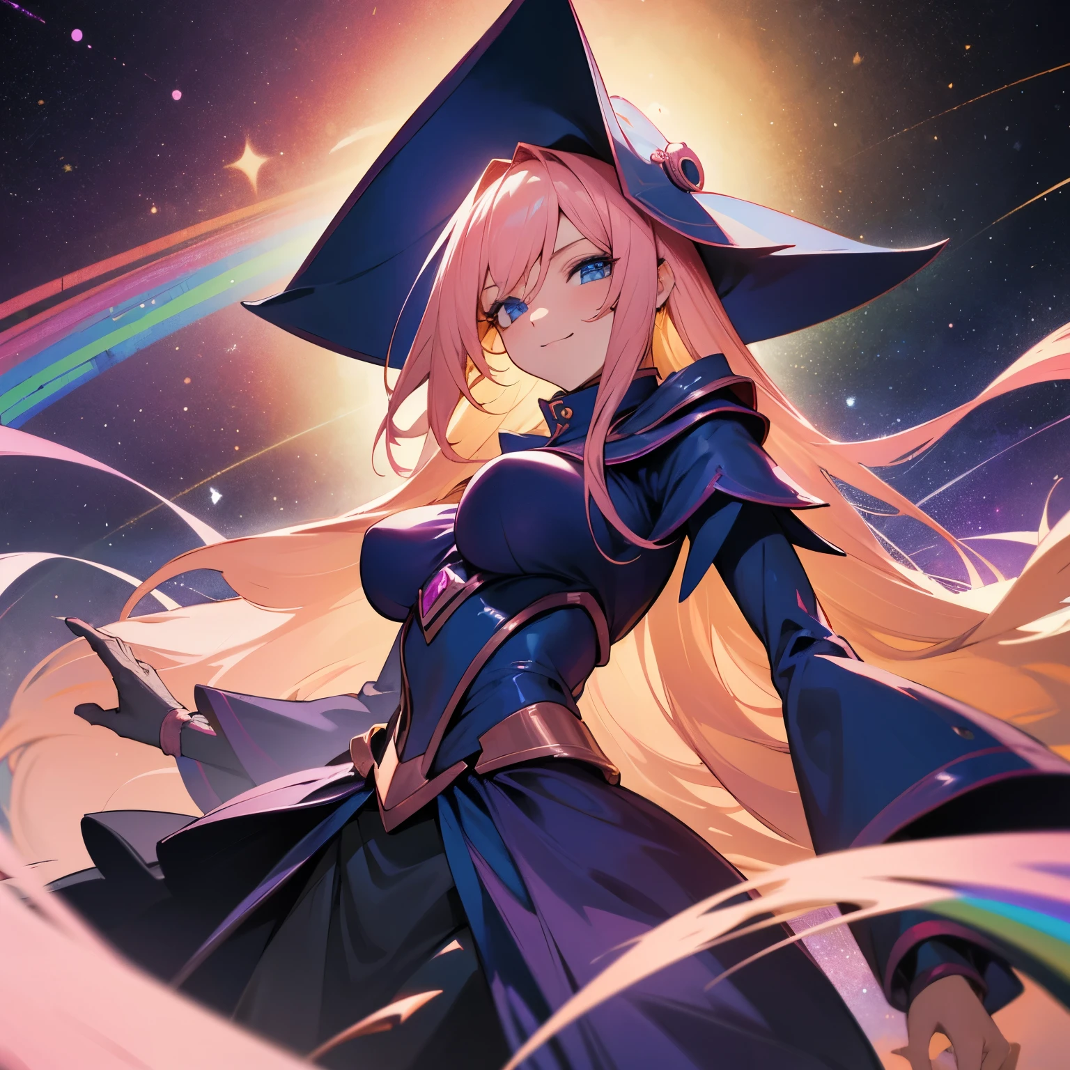 dark magician girl、MKSKS style, (3 girls:1.2), (highly detailed background:1.0), (highly detailed background:1.0), masterpiece, best quality, ultra high resolution, 8K, BREAK, (light pink and golden hair, long hair), BREAK, detailed clothing, rainbow colored shirts, half sleeves, detailed skin, glossy skin, detailed eyes, blue eyes, looking at the viewer, v, smile, big breasts, (bubbles:1.2, rainbow, galaxy background), night, dynamic angle