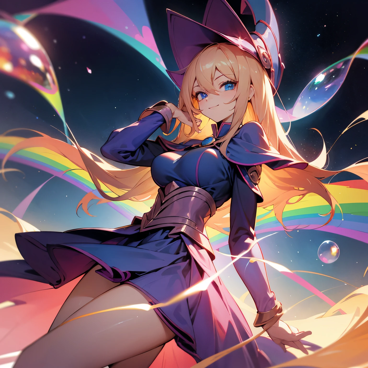 dark magician girl、MKSKS style, (3 girls:1.2), (highly detailed background:1.0), (highly detailed background:1.0), masterpiece, best quality, ultra high resolution, 8K, BREAK, (light pink and golden hair, long hair), BREAK, detailed clothing, rainbow colored shirts, half sleeves, detailed skin, glossy skin, detailed eyes, blue eyes, looking at the viewer, v, smile, big breasts, (bubbles:1.2, rainbow, galaxy background), night, dynamic angle