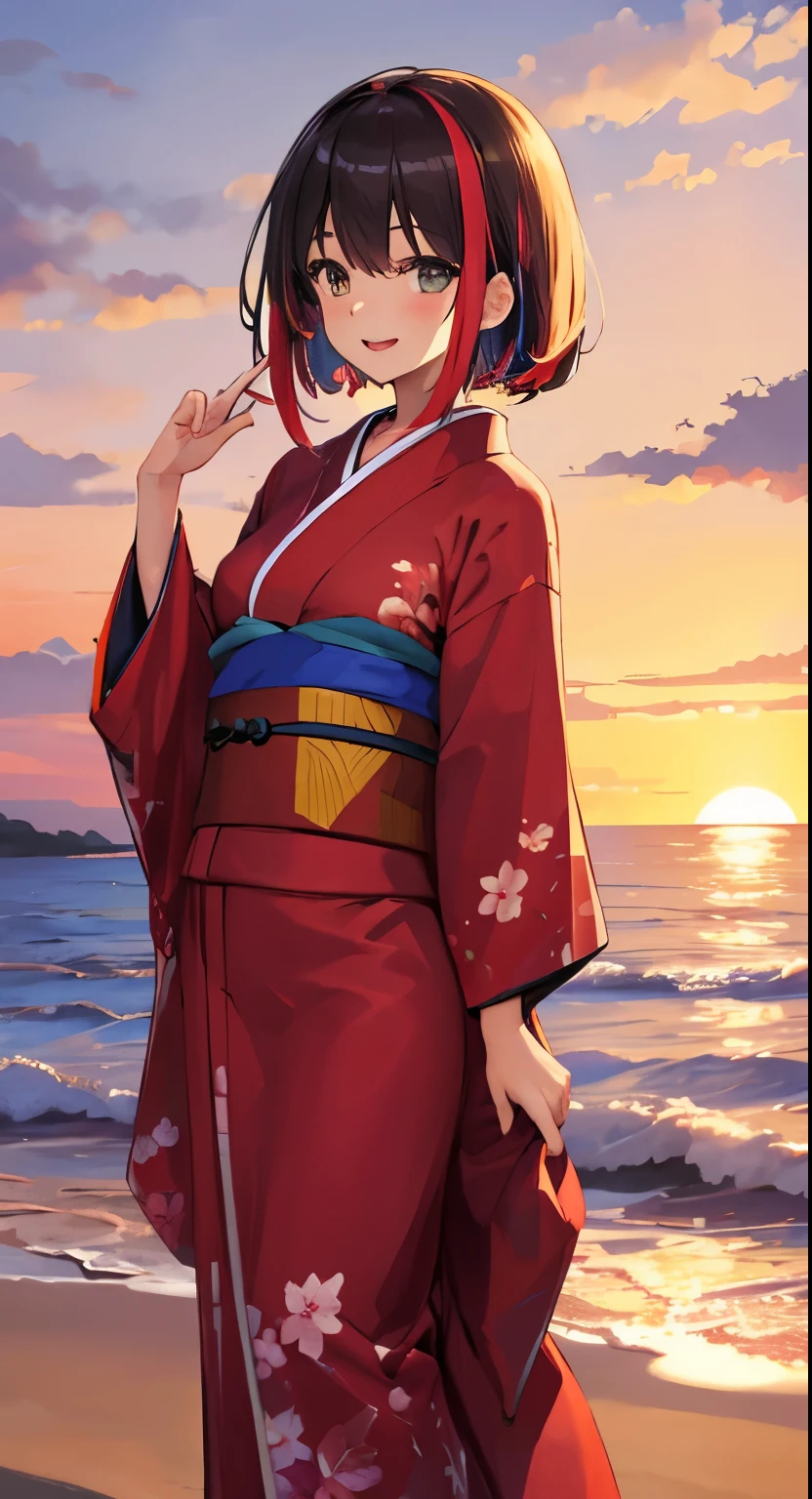 1girl, solo, kimono, bangs,happy,posing, multicolored hair, beach background, (masterpiece:1.2), highres, best quality, 8k, sunset beach background