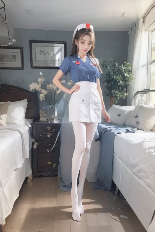 A cute and playful nurse，nurse's outfit，White ass pantyhose，White stockings，Thick white pantyhose，Thick white dancing socks，without wearing shoes，huge tit，Cocked buttocks，Super detail，hyper HD,A high resolution,1080p,Anatomically correct，ccurate，Physical coordination，Photo portrait，slender thigh，Delicatemakeup，Best quality, Masterpiece, 超A high resolution, RAW photo, Beautiful and aesthetic,deepshadow, (Photorealistic:1.4), full-body composition, Striking perspective.Naked