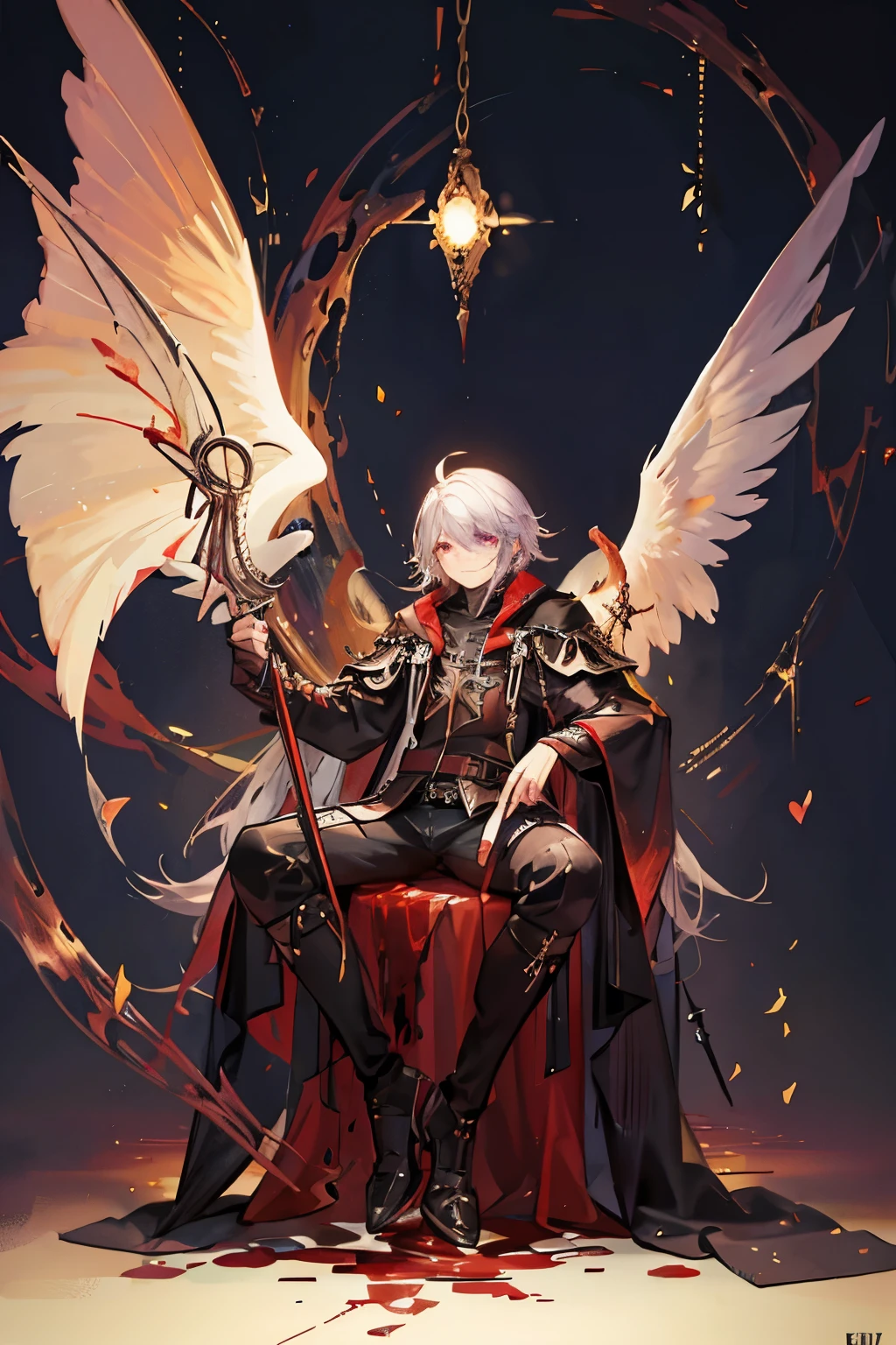 A male Eldritch Angel that is also a Blood Hunter Knight, Odin sphere art style, fantasy