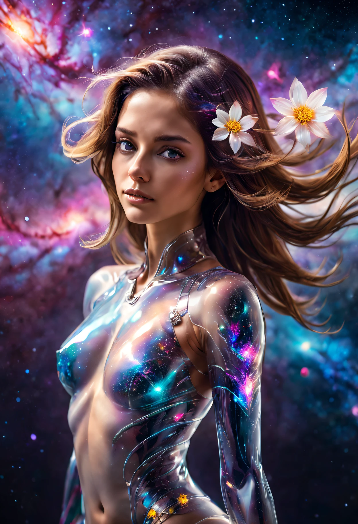 Pictures of women with long hair，A flower in his hair, Transparent body，Energetic posture，advanced technologies，laser，Milky Way Galaxy background，cosmic energy，sci fi art，concept-art，A futuristic，neon colored,