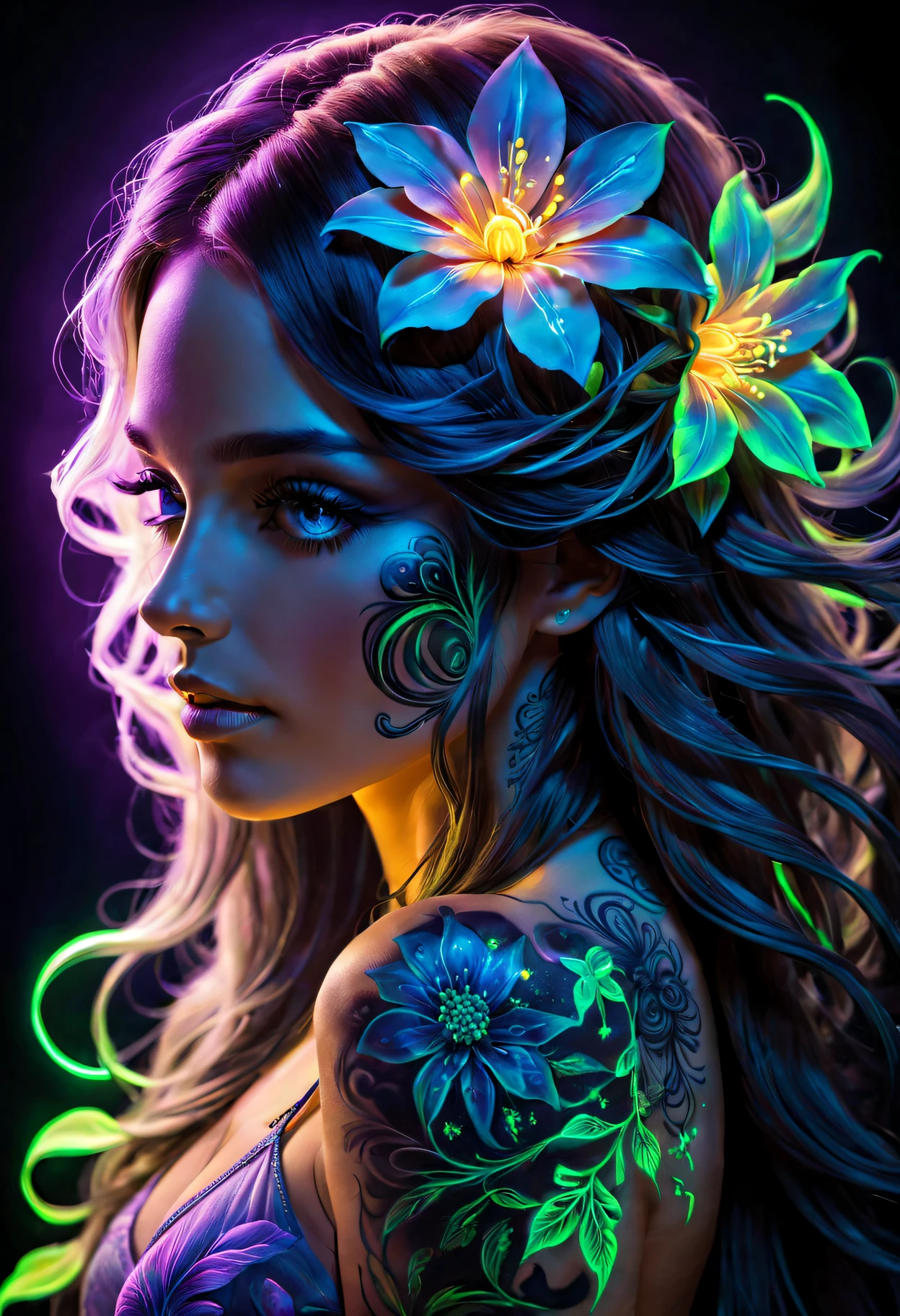 Black light art，Pictures of women with long hair，A flower in his hair, fluorescent art，glow in the dark art，Dark，The beauty of tattoos，neonlight，Enchanting fantasy。