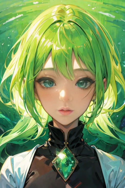Close-up of a person with green hair and a necklace, Stunning anime face portrait, detailed digital anime art, digital anime art, Beautiful Anime Portrait, detailed portrait of an anime girl, green aura, portrait knights of zodiac girl, digital art in anime style, portrait of cute anime girlbabes, anime art wallpaper 4k, anime art wallpaper 4k, beautiful anime artwork