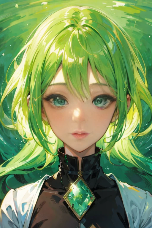 Close-up of a person with green hair and a necklace, Stunning anime face portrait, detailed digital anime art, digital anime art, Beautiful Anime Portrait, detailed portrait of an anime girl, green aura, portrait knights of zodiac girl, digital art in anime style, portrait of cute anime girlbabes, anime art wallpaper 4k, anime art wallpaper 4k, beautiful anime artwork