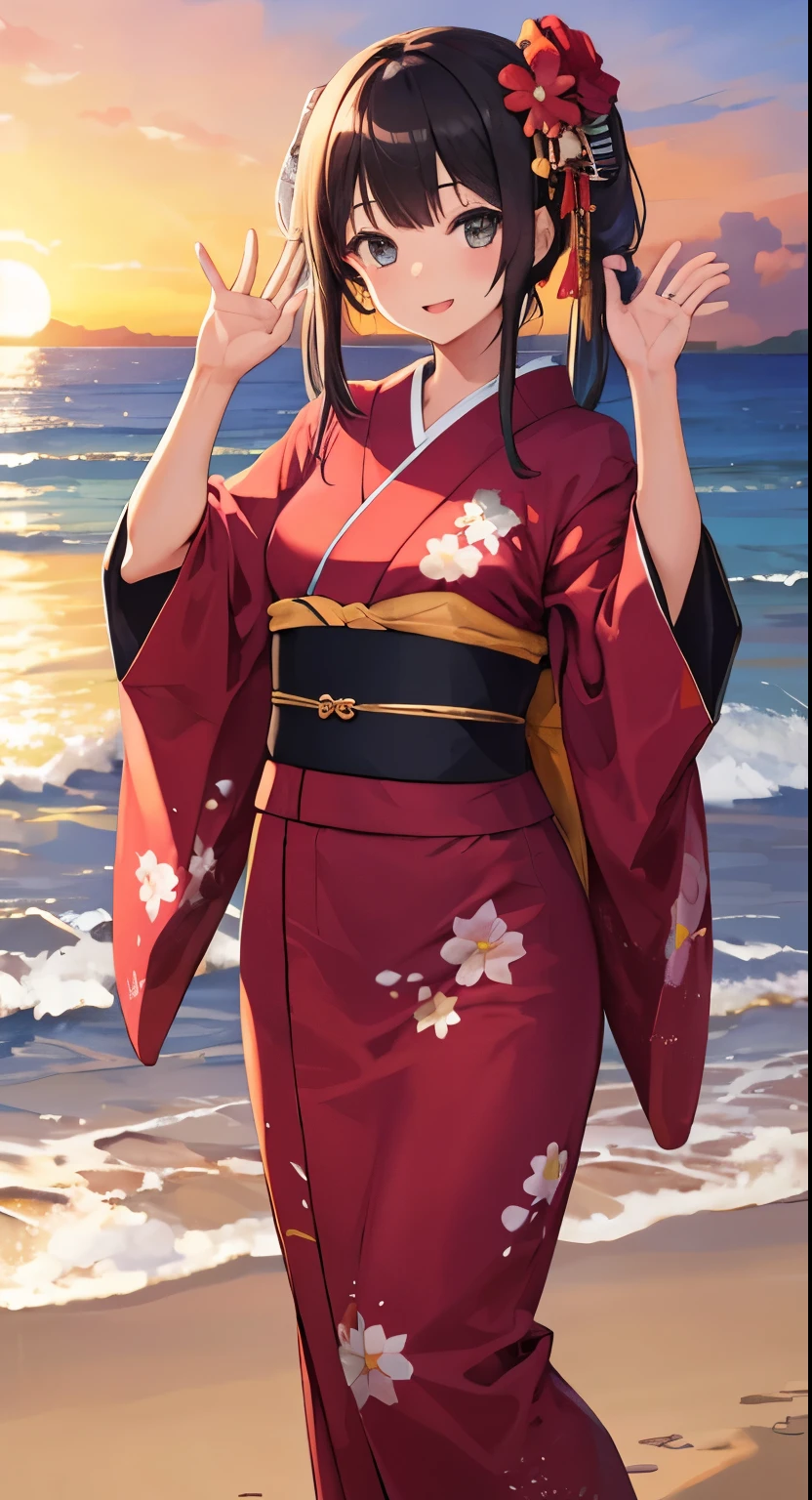 1girl, solo, kimono, bangs,happy,posing, multicolored hair, beach background, (masterpiece:1.2), highres, best quality, 8k, sunset beach background