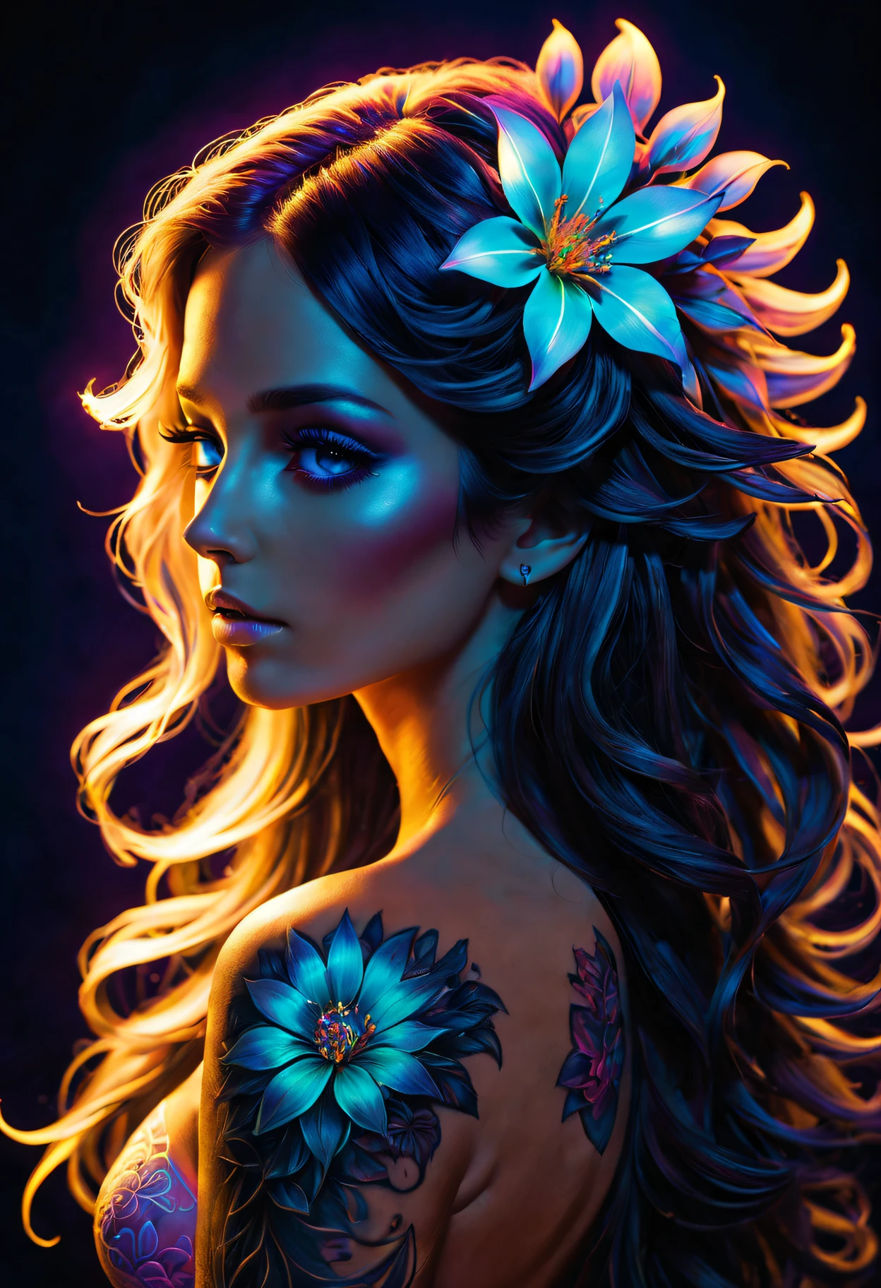 Black light art,Pictures of women with long hair,A flower in his hair, fluorescent art,glow in the dark art,Dark,The beauty of tattoos,neonlight,Enchanting fantasy。