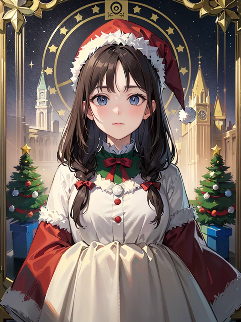 European woman face portrait、long curly hair、bionde、Flower Frame、Decorative panel、abstract  art、By Alphonse Mucha (​masterpiece、top-quality、hight resolution: 1.4)、detaileds、複雑なdetaileds、4K、color splashes、line-drawing、Santa Claus Costume、Christmas tree