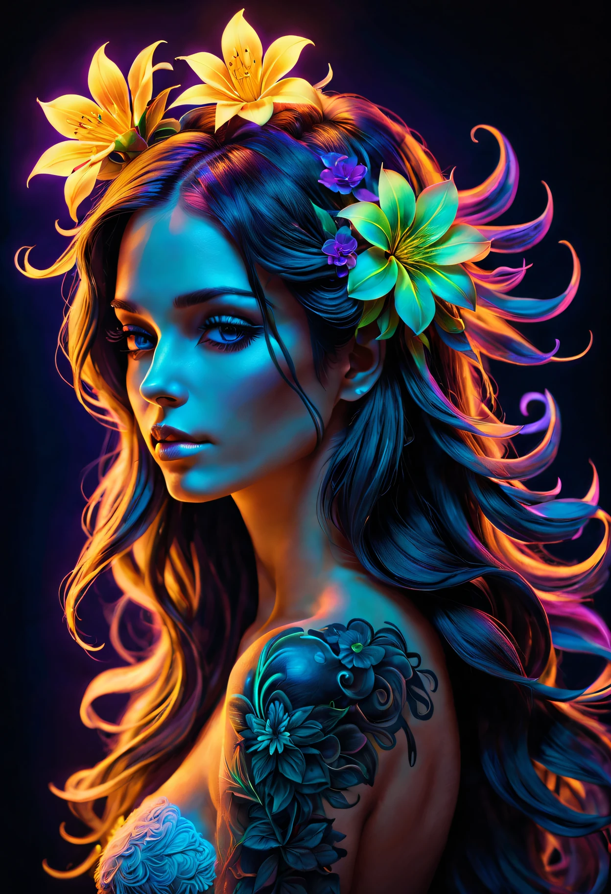 Black light art，Pictures of women with long hair，A flower in his hair, fluorescent art，glow in the dark art，Dark，The beauty of tattoos，neonlight，Enchanting fantasy。