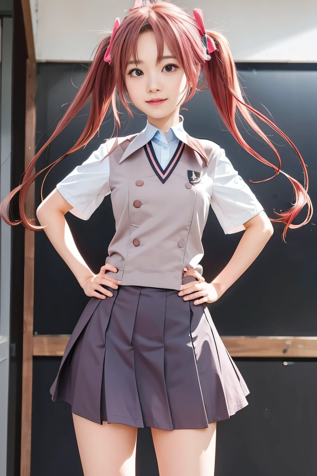 anime girl with long hair and school uniform posing for picture, anime visual of a cute girl, anime moe artstyle, young anime girl, iwakura lain, official character art, smooth anime cg art, cute anime waifu in a nice dress, beautiful anime high school girl, jk uniform, an anime girl, pink twintail hair and cyan eyes,shirai kuroko,Long hair with double ponytail,粉红Long hair with double ponytail,A pink-haired,JK school uniform