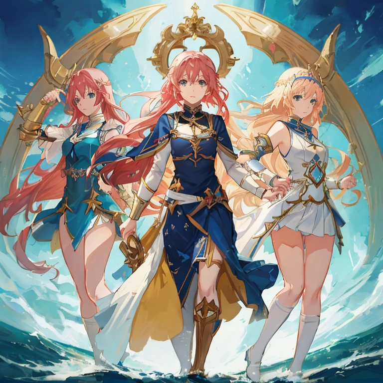 Three women in sailor suits standing in front of a circular background, cushart krenz key art feminine, anime goddess, anime fantasy illustration, mystical atlantean valkyrie, cyarine, anime fantasy artwork, official anime artwork, epic light novel art cover, ArtGerm on ArtStation Pixiv, official artwork, knights of zodiac girl, Trending on ArtStation pixiv
