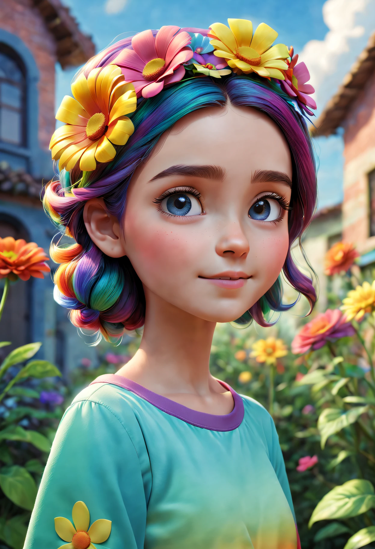 pixar-style,3d effect,Cute girl with a flower in her hair,allure, sky sky, detailedbackground, Rainbow-colored clothes, Best quality