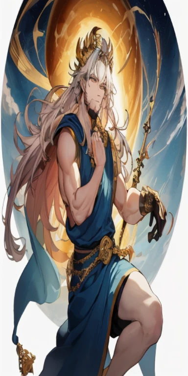 Photo of a man wearing a sword and helmet, keqing from genshin impact, Moon God, zhongli from genshin impact, furious god Zeus, a massive celestial giant god, legendary god holding spear, greek god, attractive male deity, Trending on ArtStation pixiv, Official art, heise jinyao, portrait of greek god ares