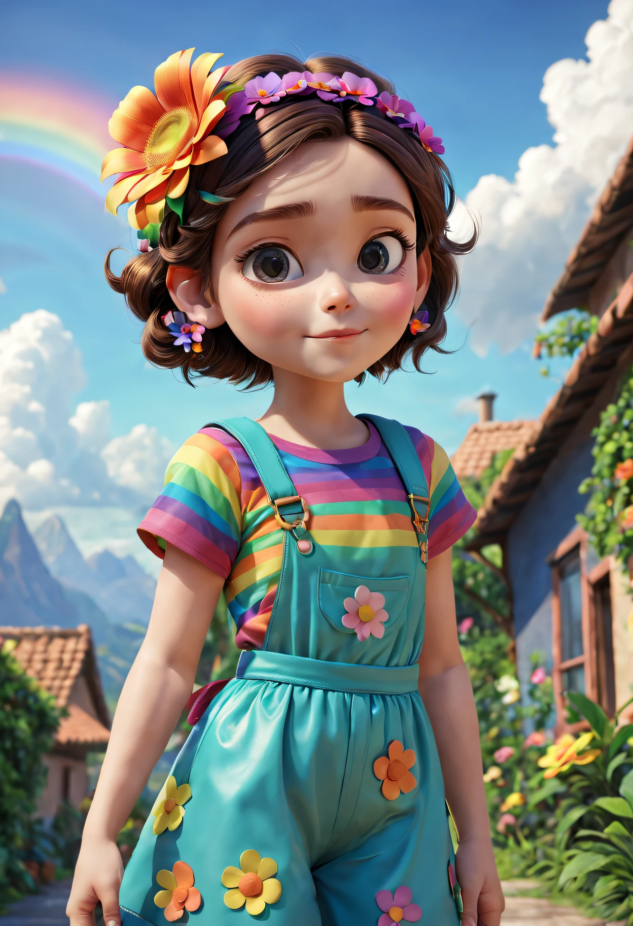 pixar-style，3d effect，Cute girl with a flower in her hair，allure, sky sky, detailedbackground, Rainbow-colored clothes, Best quality