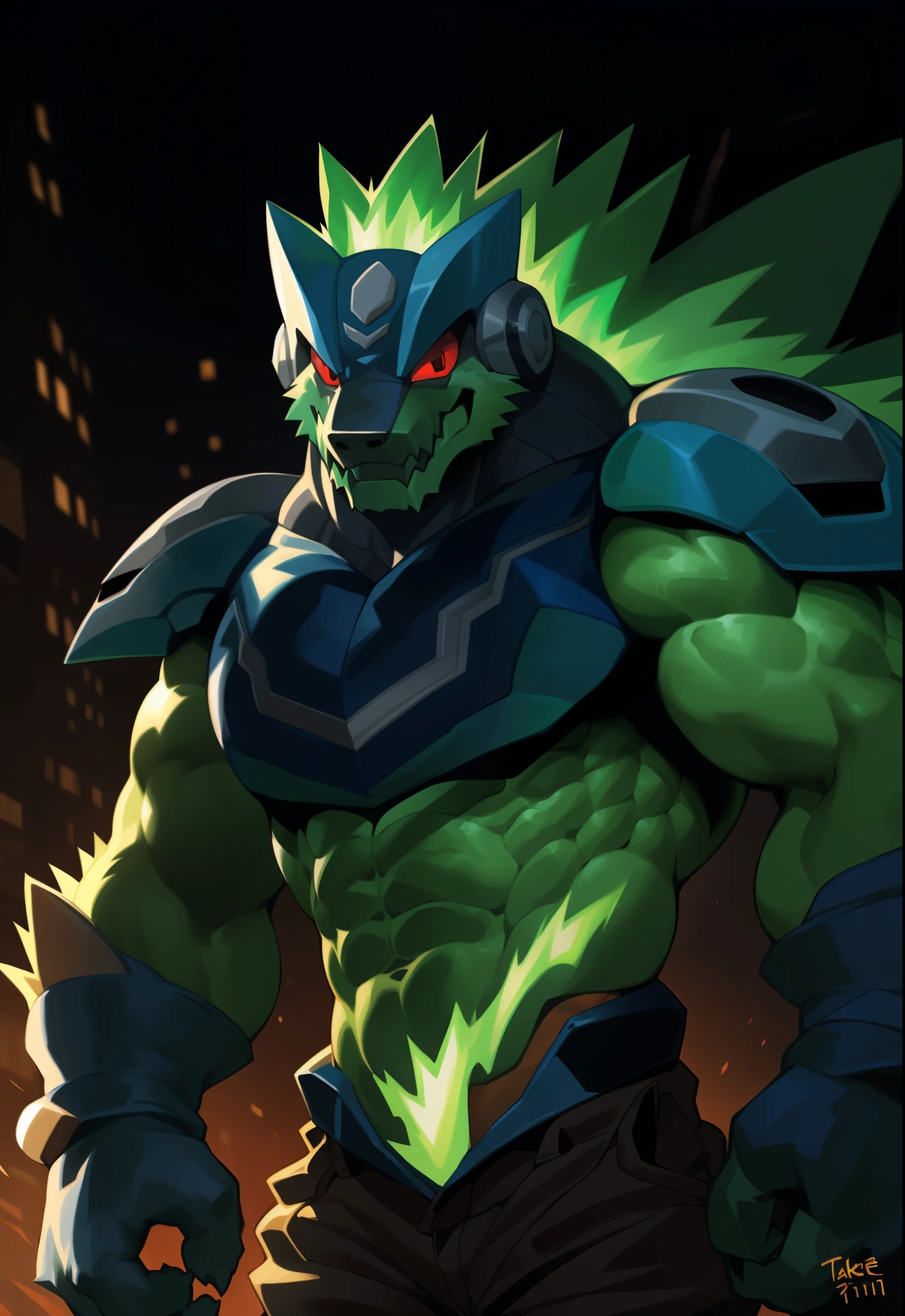 omega-xis, armor, mega man (series), male, muscular, red eyes, muscular anthro, hi res, abs, muscular male, green body, glowing body, glowing, energy, green hair, helmet, looking at viewer, hi res, pants, detailed background, lighting, photorealistic, 8k hd, extreme detail, (dark shadows, wide dynamic range, hdr, low light:1.2), by canyne khai,by milkytiger1145,by takemoto arashi,by null-ghost, elemental creature, electricity, bust portrait