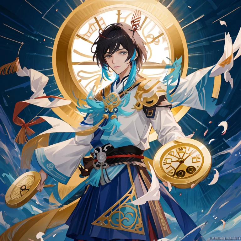 Anime character with clock on background, keqing from genshin impact, handsome guy in demon slayer art, Key Anime Art, zhongli from genshin impact, Official art, Caladin Storm Blessed, official anime artwork, anime key art, detailed Key Anime Art, taisho roman, heise jinyao, genshin impact character