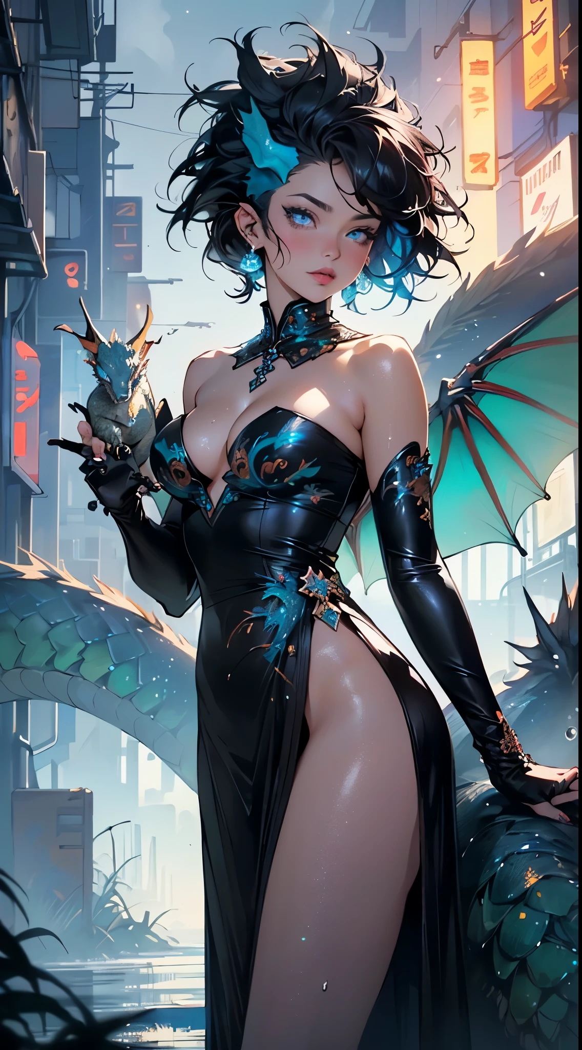 woman in evening dress,((((woman accompanied by a tiny pet dragon:1.5)))),(((1woman))),((beautiful woman)),woman,1female,((milf,mom,mature,mature woman,45 years old female,adult)),
(large breasts:1.4),saggy breasts,(((black hair:1.4,hi-top fade Haircut:1.5,hi-top fade:1.5,Mohawk:1.5))),(((blue_eyes:1.3))),intricate eyes,beautiful detailed eyes,symmetrical eyes,((fat)),(((lustrous skin:1.5,bright skin: 1.5,skin tanned,shiny skin,very shiny skin,shiny body,plastic glitter skin,exaggerated shiny skin,illuminated skin,wet legs))),(spider lower abdomen,narrow waist,wide hip,imbo body,inflated legs, thick thighs,detailed body,(detailed face)),
cute,slutty,seductive,erotic,(((nsfw))),evil woman, villain, ambitious look,
((strapless draped long dress)),metallic blue dress,(((deep neckline,cleavage))),((wet clothes,intricate outfit,intricate clothes,ornate outfit,ornate clothes,embroidered outfit,embroidered clothes)),
(dynamic pose:1.0),solo focus,((smug)),(centered,scale to fit dimensions,Rule of thirds),
cyberpunk city by the ocean at night, with bright neon signs and dark stormy clouds and puddles, scenery:1.25,nighttime, starry night, cosmos,Very dark night that makes the neon lights stand out, very bright neon lights,nighttime, starry night, cosmos,
highres, sharp focus, (ultra detailed, extremely detailed), (photorealistic artwork:1.37),(extremely detailed CG unity 8k wallpaper),((synthwave background theme)),(((vibrant colors))),(intricate background),(masterpiece),(best quality),