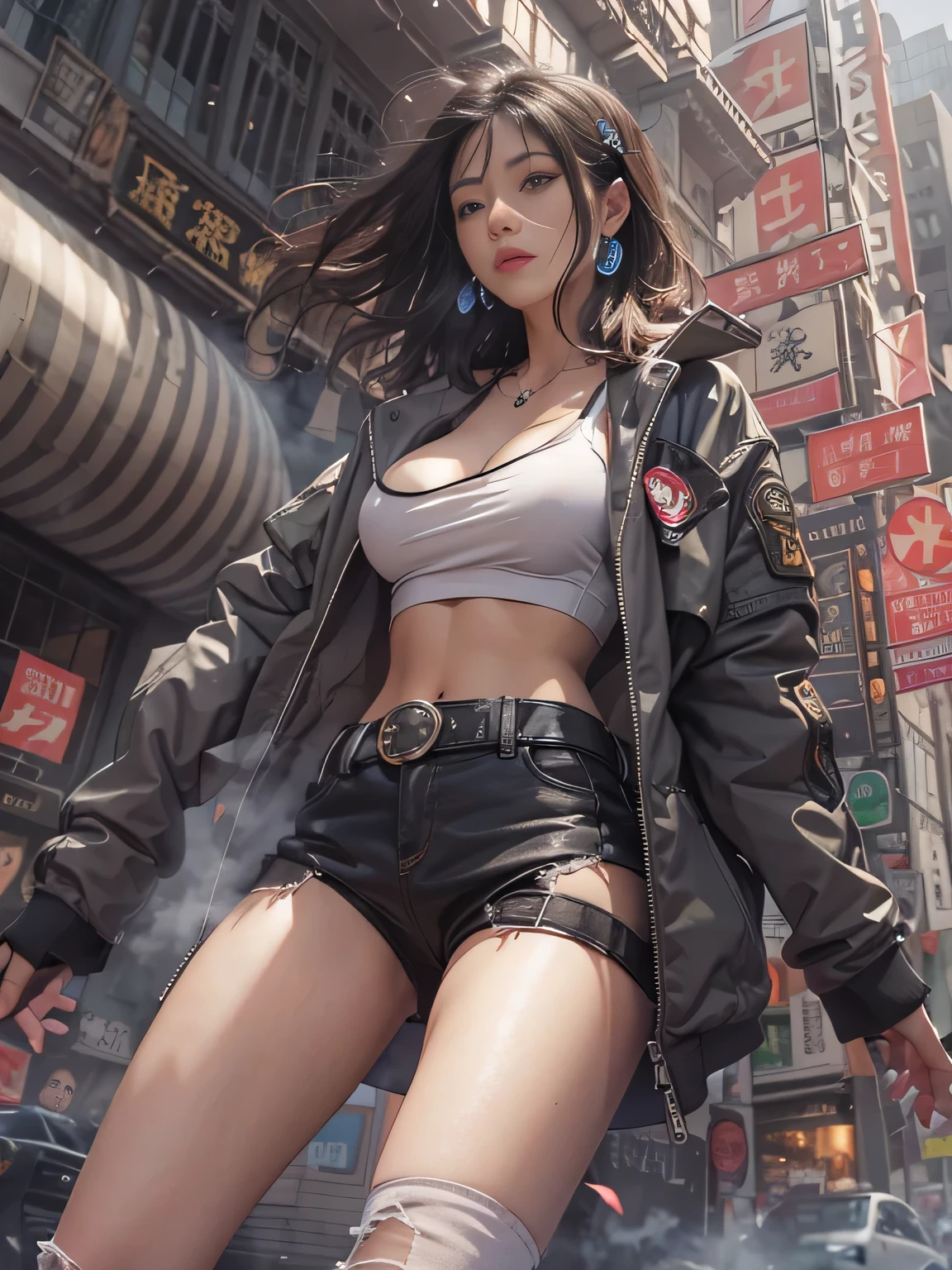 Giant Akari in crop top and jacket, Barefoot, a beauty girl、美丽的面容、huge tight legs、well-muscled、athletic bodies, gts city, city buildings, Smoke from a broken building, Confront evil black smoke and assimilating monsters、Screams and fighting faceighting poses、Kamen Rider、((posterior view))、hero、salvador
